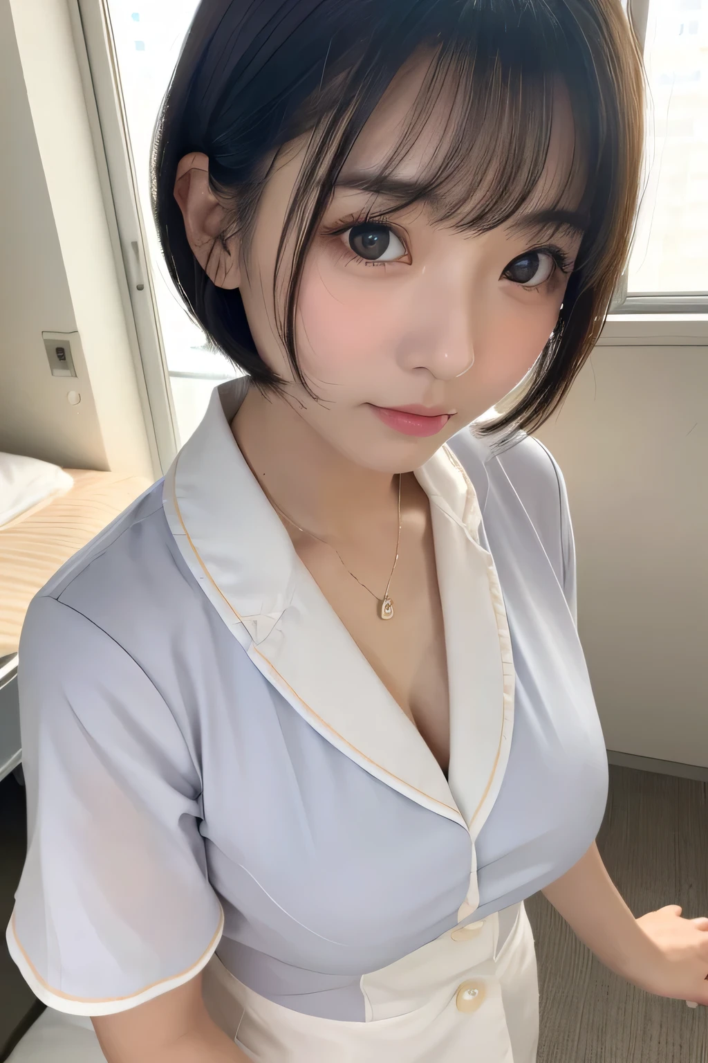 (1 Girl)、(Beautiful Japanese、18years old,round face、Refreshing、clear、seems kind、stylish、Pitiful、cute like an angel、cute、black eyes、,actress,Almond-shaped eyes), Good style , (Beautiful big breasts:1.2),(soft breasts),(very cute),(Black hair),(short bob hair),(enchanting eyes),(highlight on eyes:1.2)、(8K、Live shooting、highest quality、masterpiece:1.2、optimal lighting)、((masterpiece)),(Photo taken by a professional photographer),(real、photo real:1.4),break,{ (White nurse costume),(((taraditional nurse uniform))),(White nurse mini skirt),((White pantyhose)),(cleavage:1.2)},( Shy face:1.4),(tears:1.4))(cheeks are red:1.2), break, break,Hospital,Face shot:1.3、Hospital room、Looking at viewer:1.6, face close-up,Looking down,Looking up
