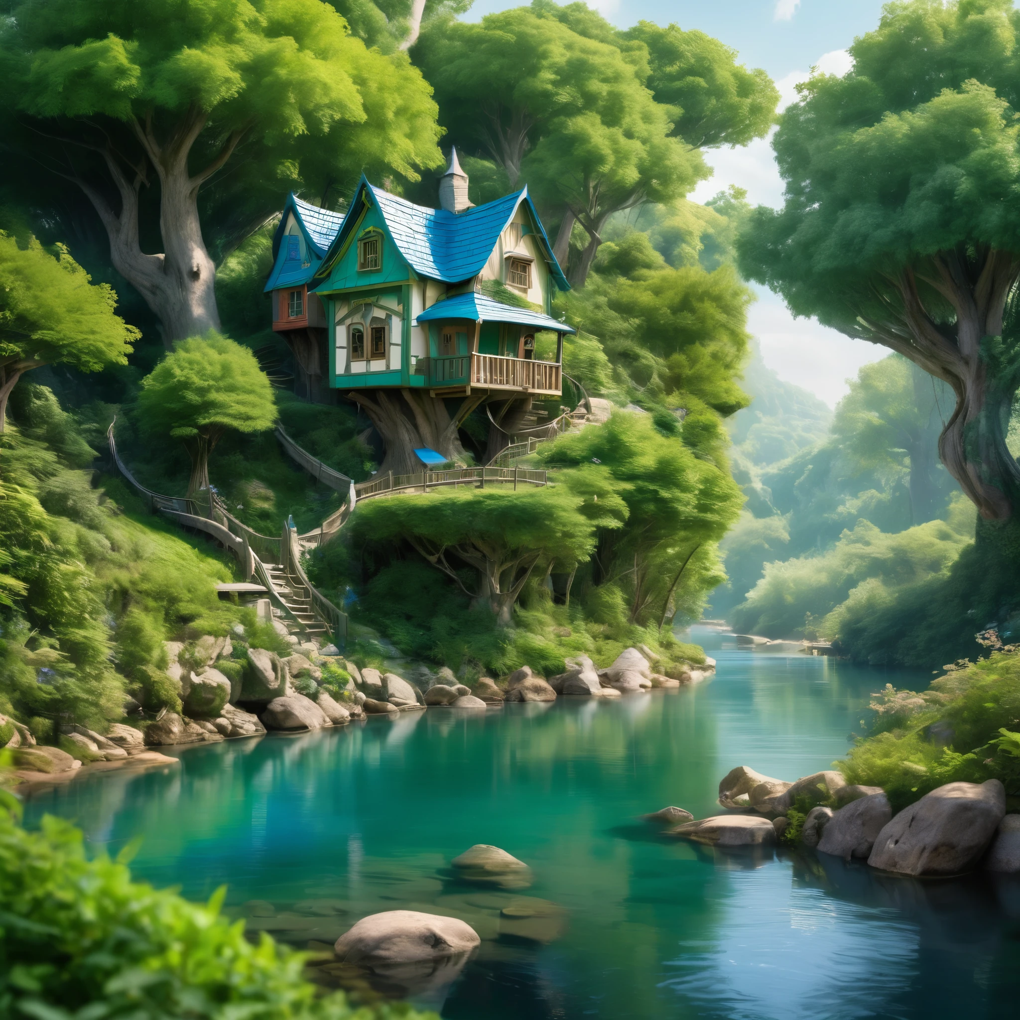 Fairy tales land three  colours green blue white  8k details river tree  house 