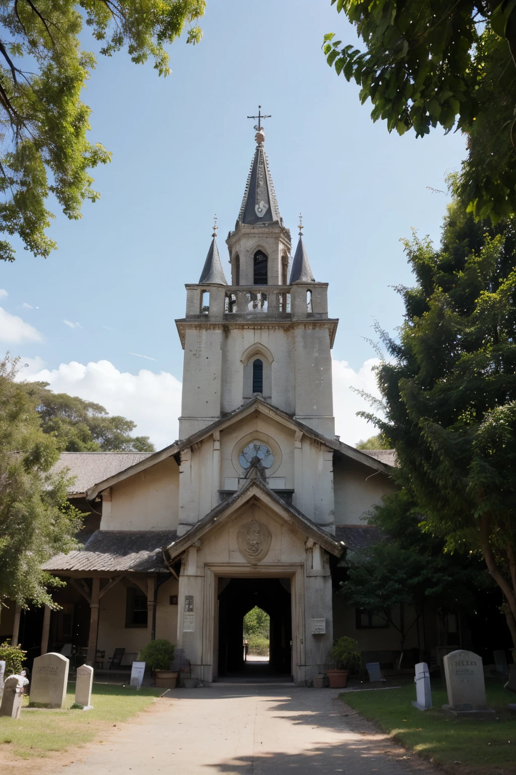 uma cidade com uma montanha com uma caverna, a church with cemetery, um castelo com uma torre, uma floresta com uma cabana e uma taverna