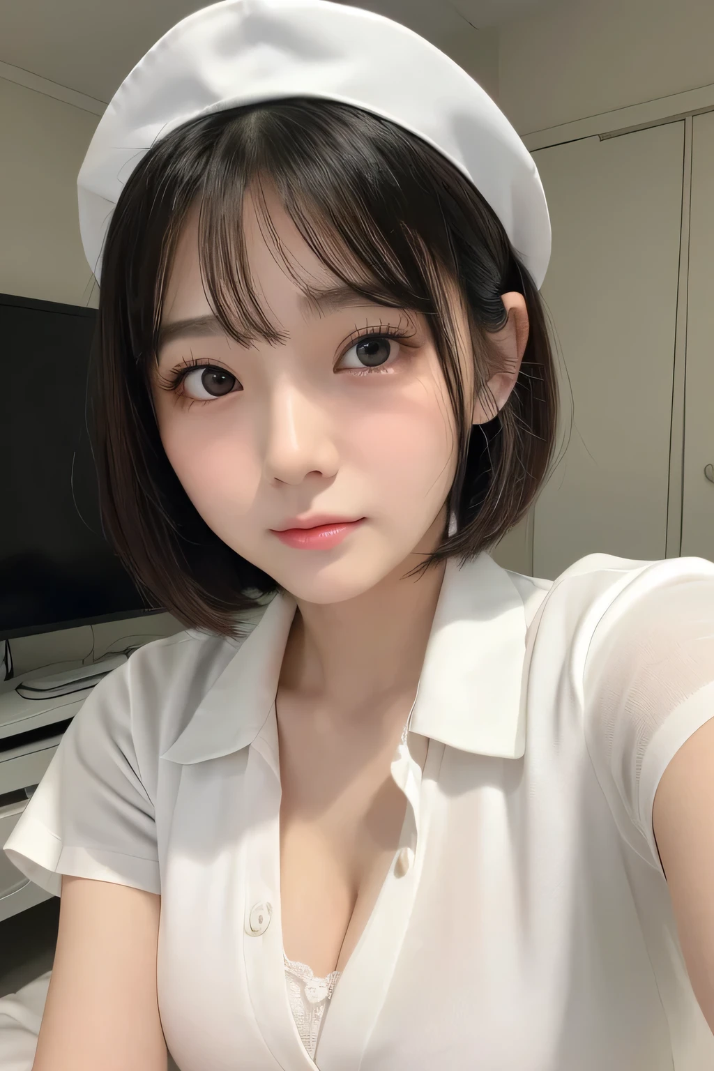 (1 Girl)、(Beautiful Japanese、18years old,round face、Refreshing、clear、seems kind、stylish、Pitiful、cute like an angel、cute、black eyes、,actress,Almond-shaped eyes), Good style , (Beautiful big breasts:1.2),(soft breasts),(very cute),(Black hair),(short bob hair),(enchanting eyes),(highlight on eyes:1.2)、(8K、Live shooting、highest quality、masterpiece:1.2、optimal lighting)、((masterpiece)),(Photo taken by a professional photographer),(real、photo real:1.4),break,{ (White nurse costume),(((taraditional nurse uniform))),(White nurse mini skirt),((White pantyhose)),(cleavage:1.2)},( Sad face:1.4),(tears:1.4))(cheeks are red:1.2), break, break,Hospital,Face shot:1.3、Hospital room、Looking at viewer:1.6, face close-up,Looking down,Looking up、Tears are falling from my eyes