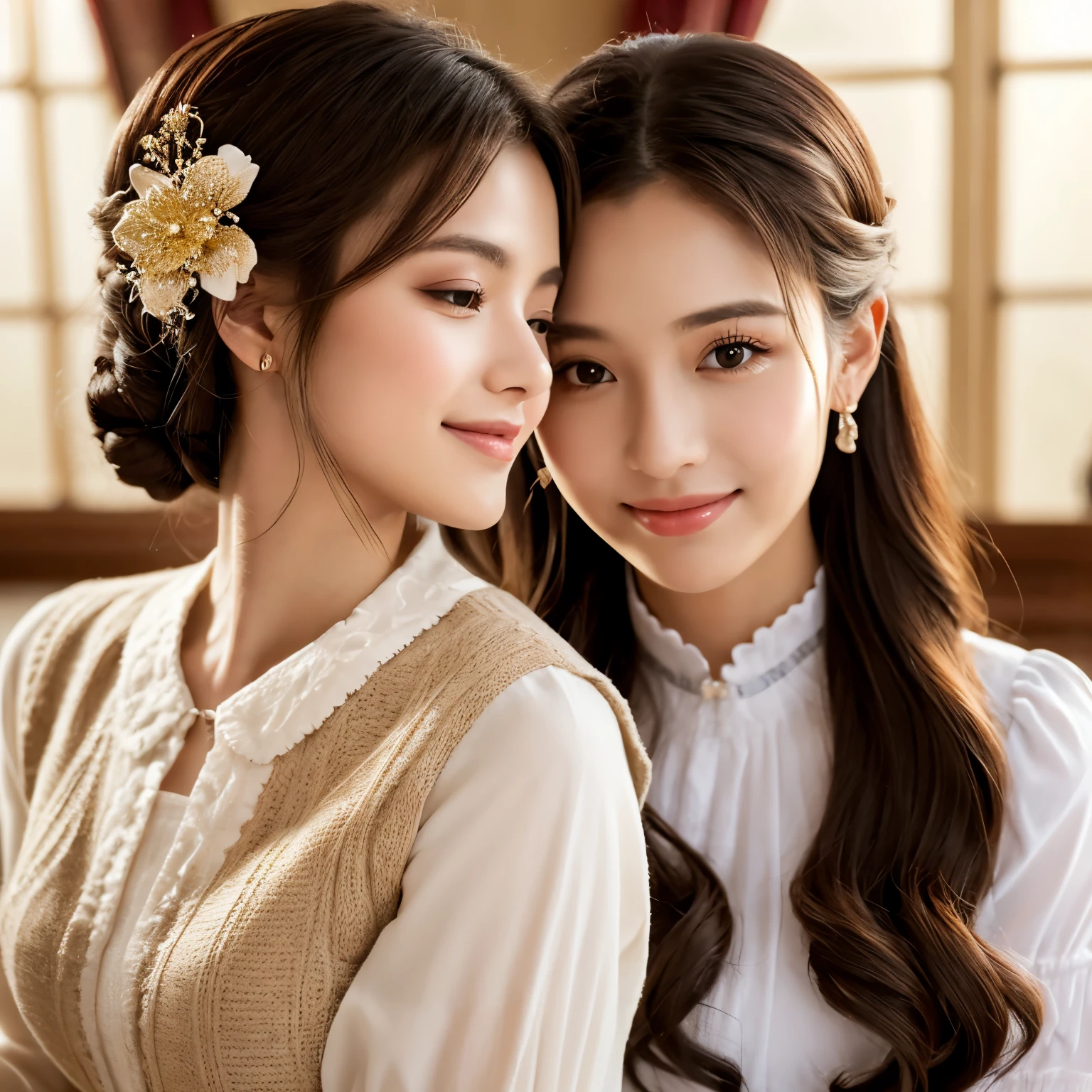 (best quality,ultra-detailed:1.2),realistic,portrait,beautiful detailed eyes,beautiful detailed lips,happy,noble woman,2 girls,helping,maid,hair,smiling,devotion,love,caring,gentle,patient,graceful,pride,pleasure,grooming,care,harmony,joyful atmosphere,grateful,thankful,kindness,appreciation,tenderness,stylish,neat appearance,classic clothing,peaceful atmosphere,satisfying,harmonious colors,soft lighting