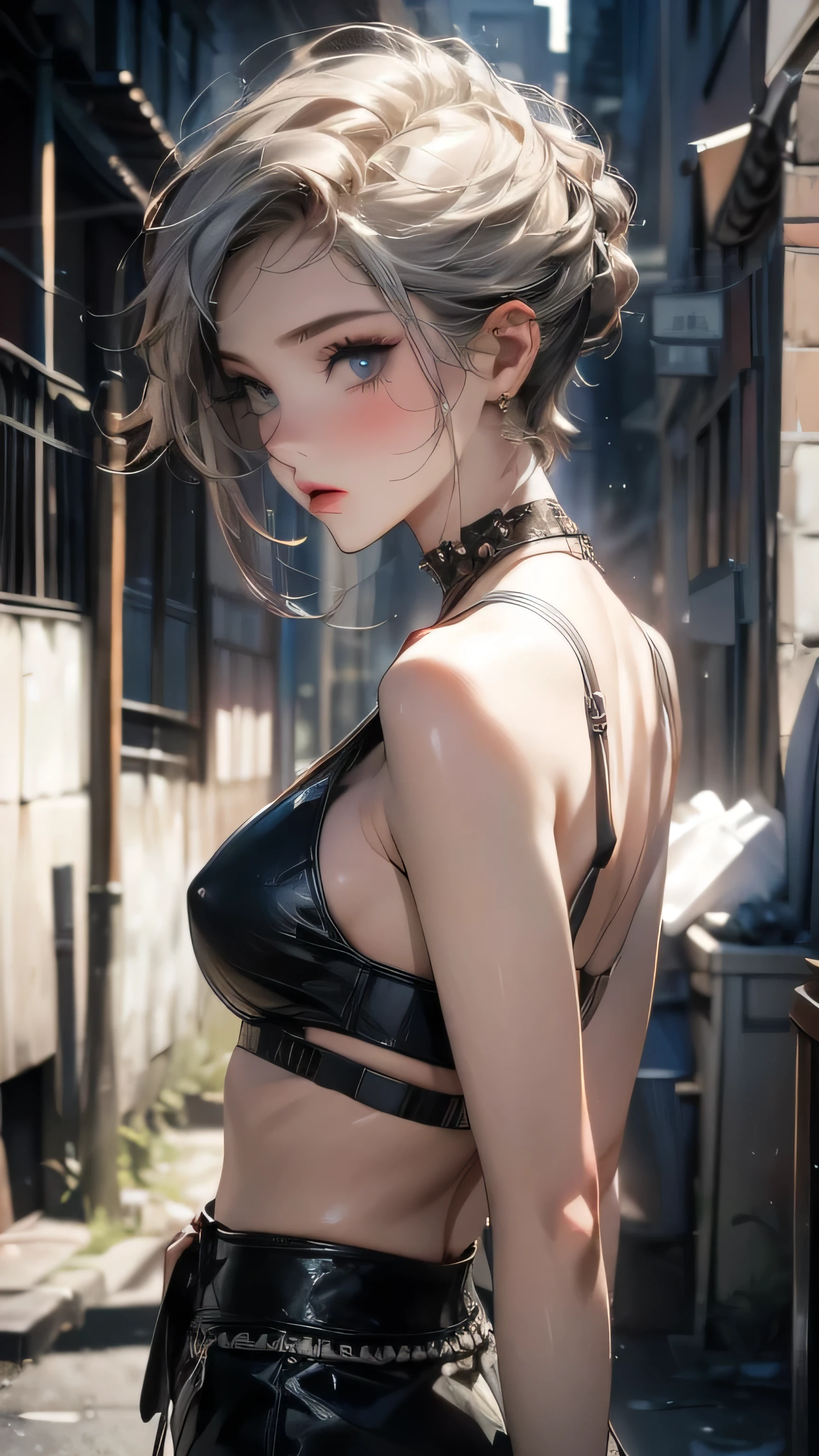 (masterpiece, High resolution, highest quality), ((20-year-old woman, Structure from head to stomach, Focus on the upper body)), Fine grain, avant-garde makeup, Asymmetrical punk short hair:1.2, Grey Hair, Punk Fashion :1.3, Blurred Background, A deserted backstreet in Paris:1.3, Cinema Lighting, Anime Style, Simple lines, Digital Painting