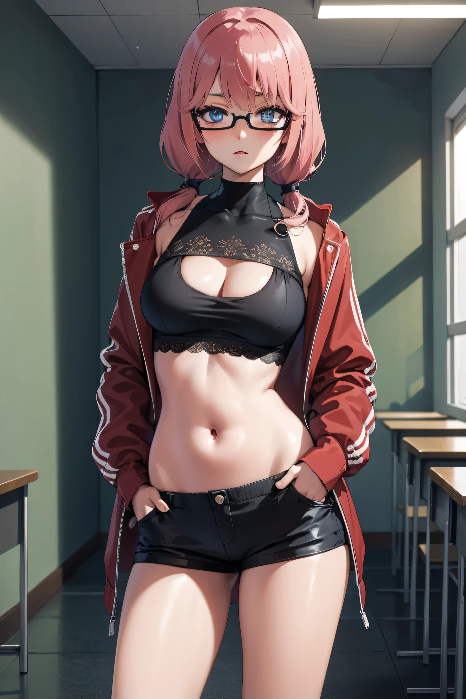 airisakura, airi sakura, blue eyes, glasses, long hair, pink hair, (low twintails:1.5),
BREAK glasses, navel, navel cutout, taut clothes,
BREAK looking at viewer, full body, (cowboy shot:1.5),hands in pockets,
BREAK indoors, classroom,
BREAK (masterpiece:1.2), best quality, high resolution, unity 8k wallpaper, (illustration:0.8), (beautiful detailed eyes:1.6), extremely detailed face, perfect lighting, extremely detailed CG, (perfect hands, perfect anatomy),