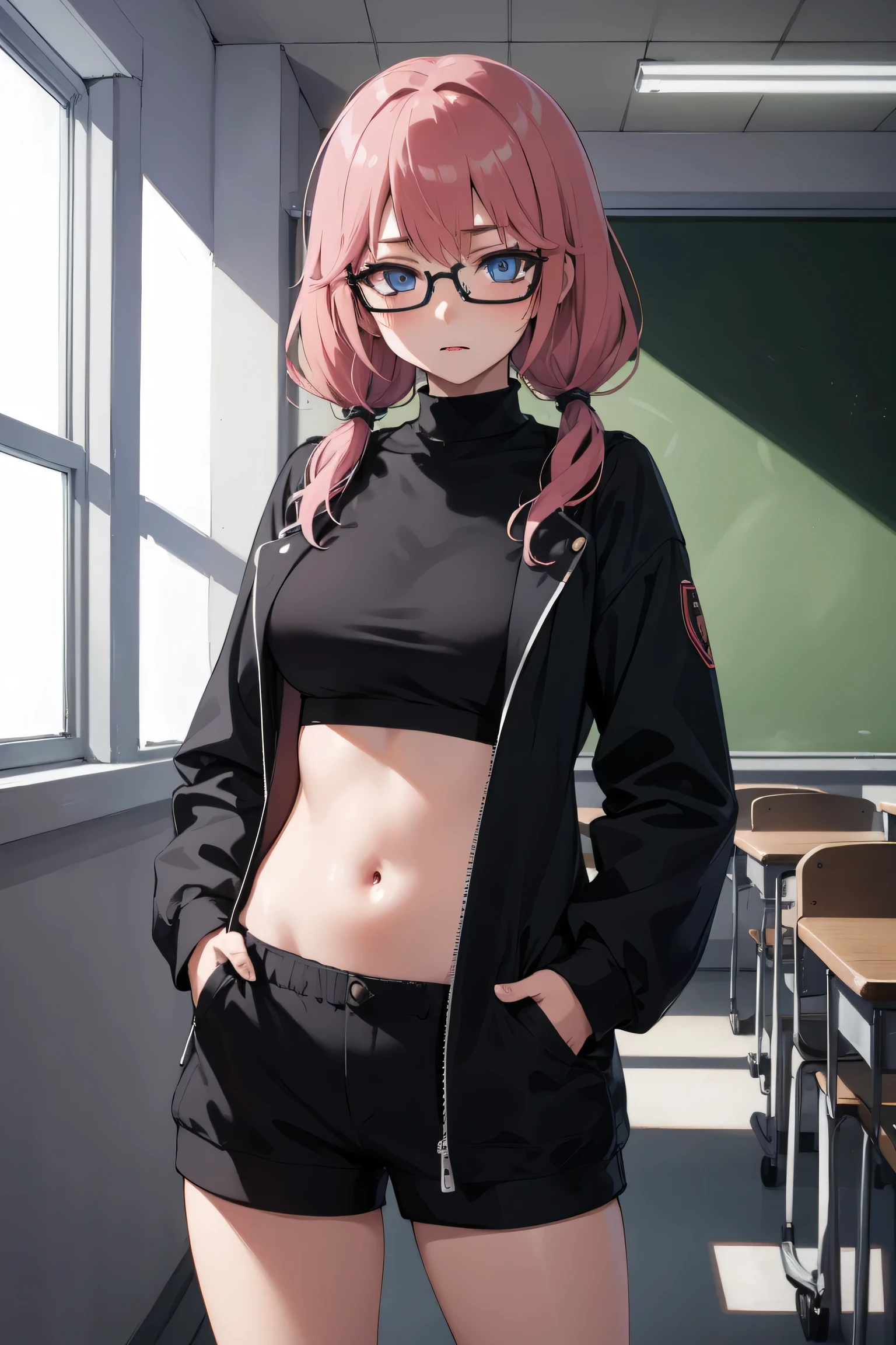 airisakura, airi sakura, blue eyes, glasses, long hair, pink hair, (low twintails:1.5),
BREAK glasses, navel, navel cutout, taut clothes,
BREAK looking at viewer, full body, (cowboy shot:1.5),hands in pockets,
BREAK indoors, classroom,
BREAK (masterpiece:1.2), best quality, high resolution, unity 8k wallpaper, (illustration:0.8), (beautiful detailed eyes:1.6), extremely detailed face, perfect lighting, extremely detailed CG, (perfect hands, perfect anatomy),