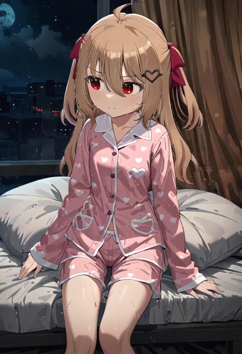 1girl, evil neuro-sama, (yuzu modoki), red eyes, light brown hair, ahoge, two side up, hair ribbon, dark red ribbon, heart hair ornament, (masterpiece, best quality), highly detailed, finely detailed, night, indoors, bed, pajamas, curtains, pillow, bare legs, wet, steam,