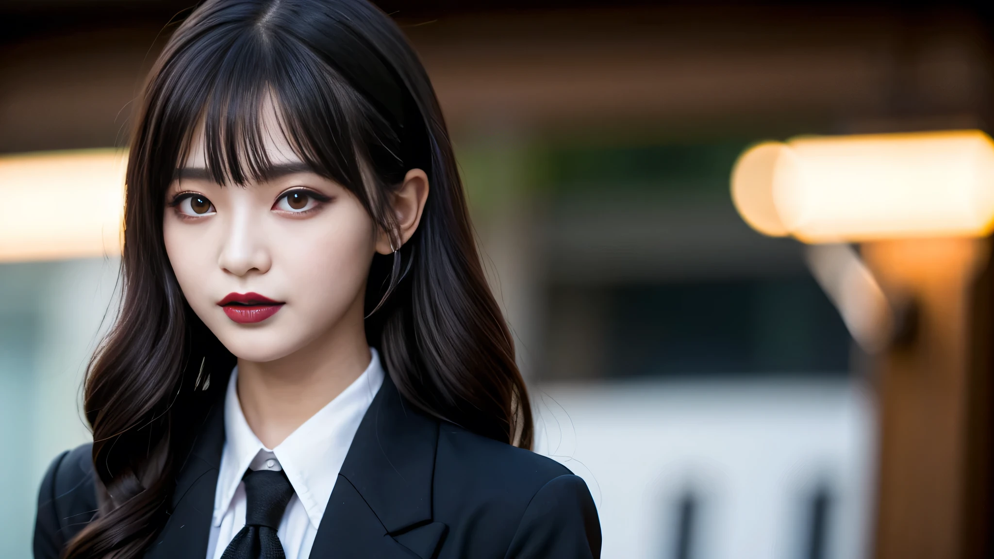 best quality、ultra-detailed、4k、Japanese、Seductive beauty、seductive adult woman、Pretty Woman、cool girl、Villainess、Brainwashed、brainwash、Fallen into evil、smirk、Evil look、Wicked Smile、evil、Brown hair、wavy hair、swept bangs、dark makeup、dark makeup、piercing eyes、hollow eyes,half-closed eyes、Hollow Eyes、purple Eyeshadow、black lipstick、black lipglos、student、uniform、Black blazer、White Shirt、Black Ribbon、flare skirt、night、inside darkroom、Have lipstick、Emblem of Evil、Crest of Darkness、Swear allegiance、I have pledged my allegiance、Dye black、Blackening、Stained with evil、Dyed in darkness、Seduce