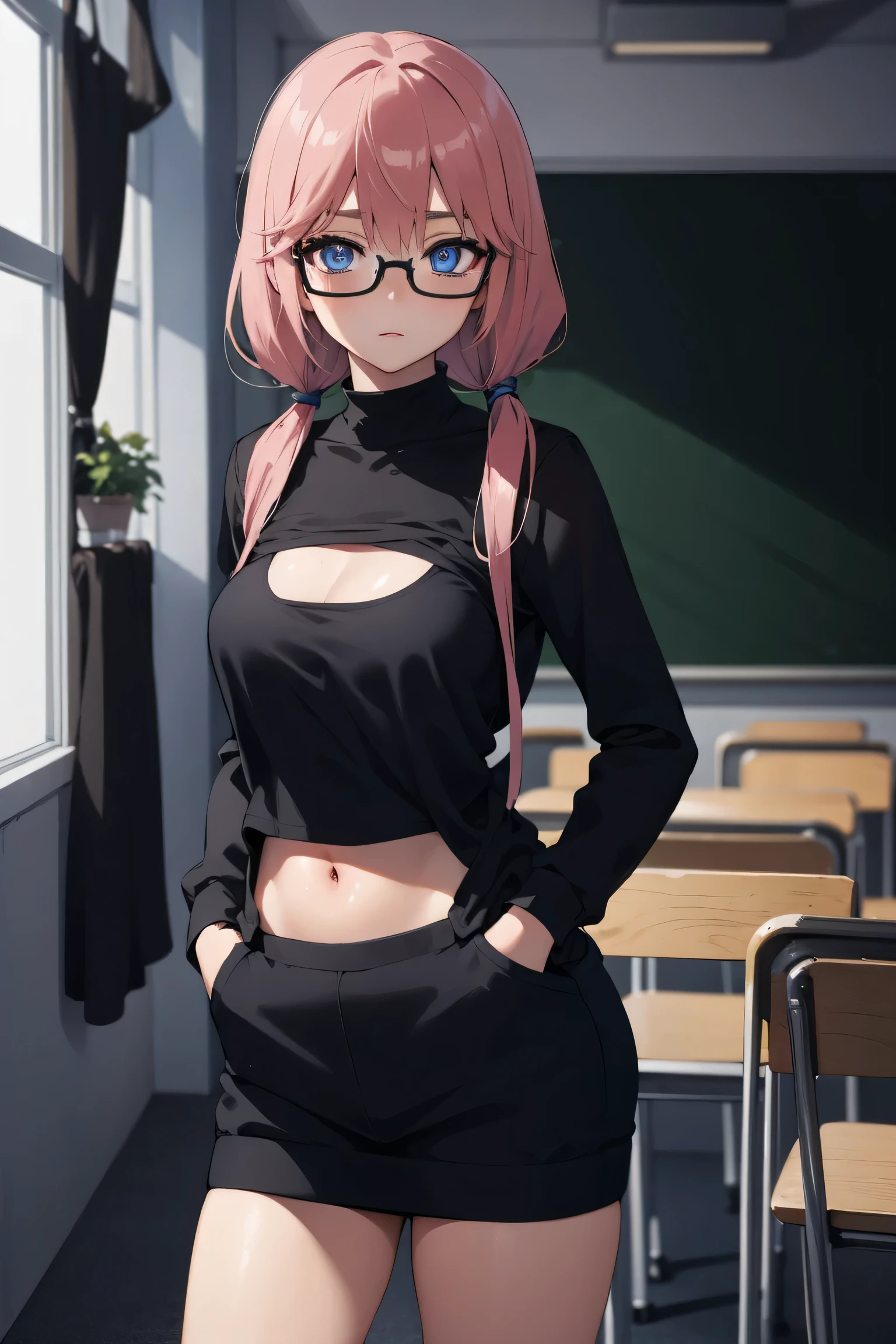 airisakura, airi sakura, blue eyes, glasses, long hair, pink hair, (low twintails:1.5),
BREAK glasses, navel, navel cutout, taut clothes,
BREAK looking at viewer, full body, (cowboy shot:1.5),hands in pockets,
BREAK indoors, classroom,
BREAK (masterpiece:1.2), best quality, high resolution, unity 8k wallpaper, (illustration:0.8), (beautiful detailed eyes:1.6), extremely detailed face, perfect lighting, extremely detailed CG, (perfect hands, perfect anatomy),