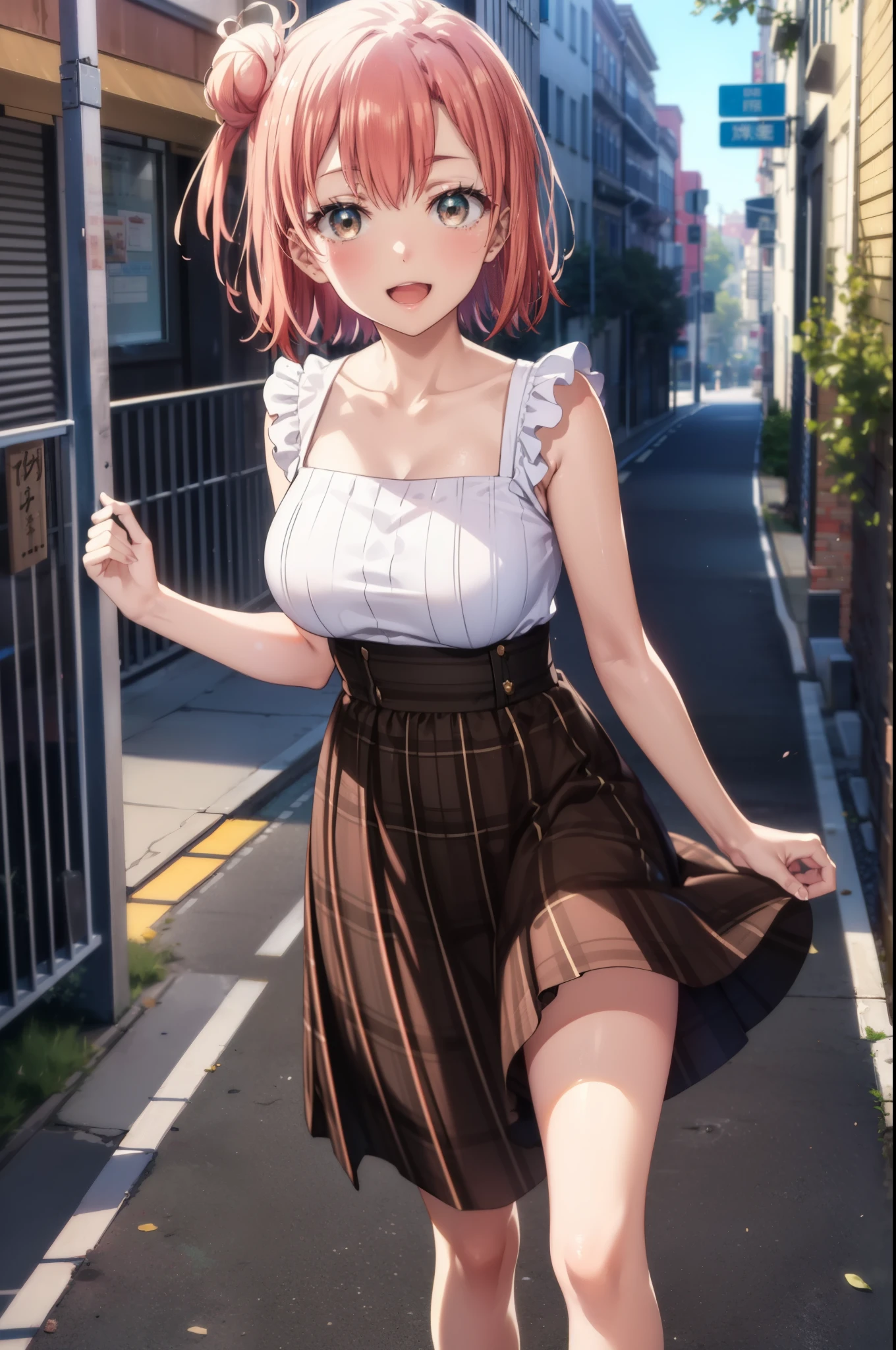 yuiyuigahama, yui yuigahama, short hair, (Brown eyes:1.5), (Pink Hair:1.2), Hair Bun, single Hair Bun, smile, (Big Breasts:1.2),happy smile, smile, Open your mouth,
, Sleeveless dress,Long skirt,Cute Sandals,walking,Real Summer,Daytime,sunny,whole bodyがイラストの中に入っていくように,
break outdoors ,In town,Building district break looking at viewer, whole body,
break (masterpiece:1.2), highest quality, High resolution, unity 8k wallpaper, (shape:0.8), (Beautiful and beautiful eyes:1.6), Highly detailed face, Perfect lighting, Extremely detailed CG, (Perfect hands, Perfect Anatomy),