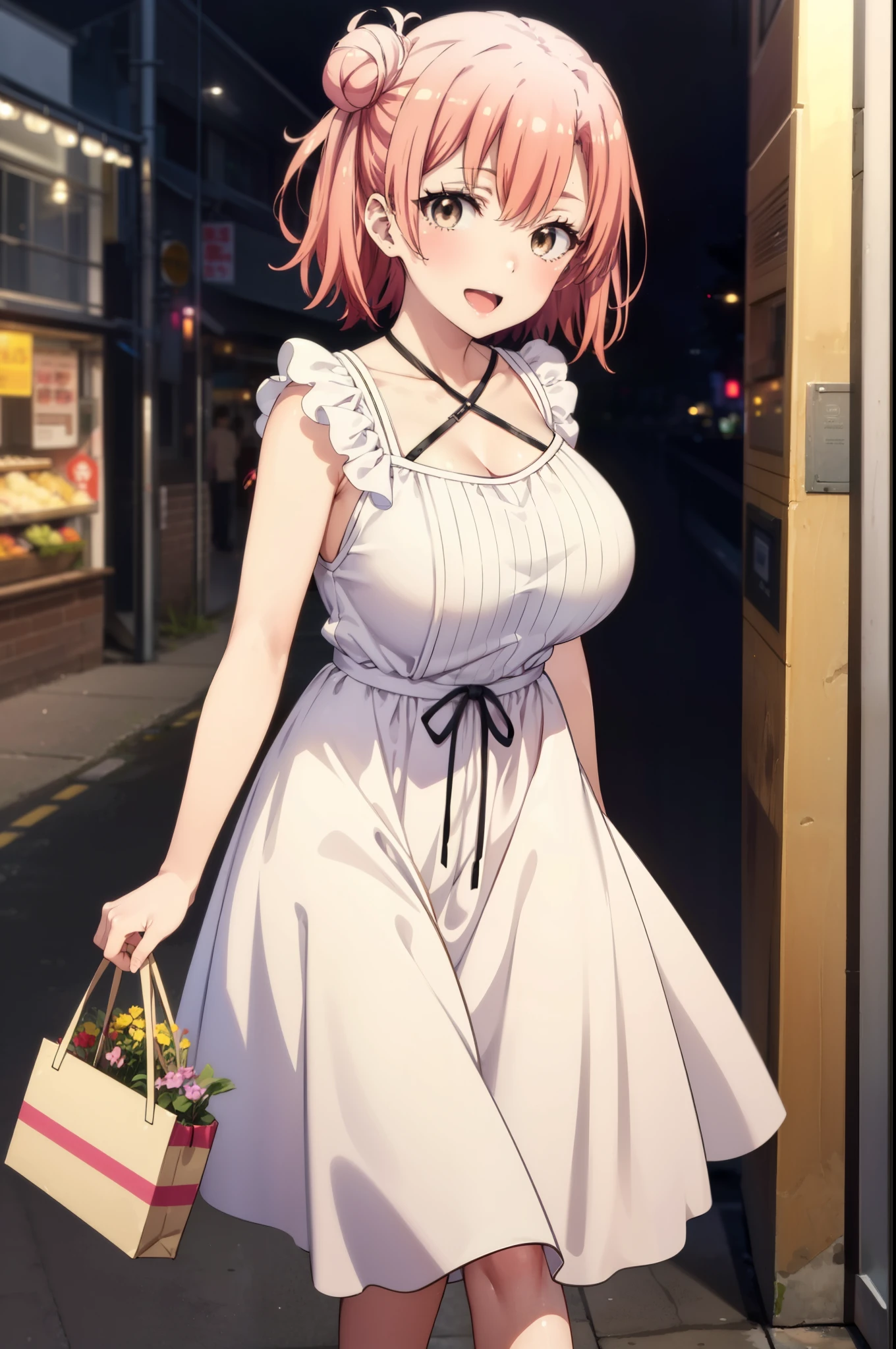 yuiyuigahama, yui yuigahama, short hair, (Brown eyes:1.5), (Pink Hair:1.2), Hair Bun, single Hair Bun, smile, (Big Breasts:1.2),happy smile, smile, Open your mouth,
, Sleeveless dress,Long skirt,Cute Sandals,walking,Real Summer,Daytime,sunny,whole bodyがイラストの中に入っていくように,
break outdoors ,In town,Building district　　　　　　　　　　　　　　　break looking at viewer, whole body,
break (masterpiece:1.2), highest quality, High resolution, unity 8k wallpaper, (shape:0.8), (Beautiful and beautiful eyes:1.6), Highly detailed face, Perfect lighting, Extremely detailed CG, (Perfect hands, Perfect Anatomy),