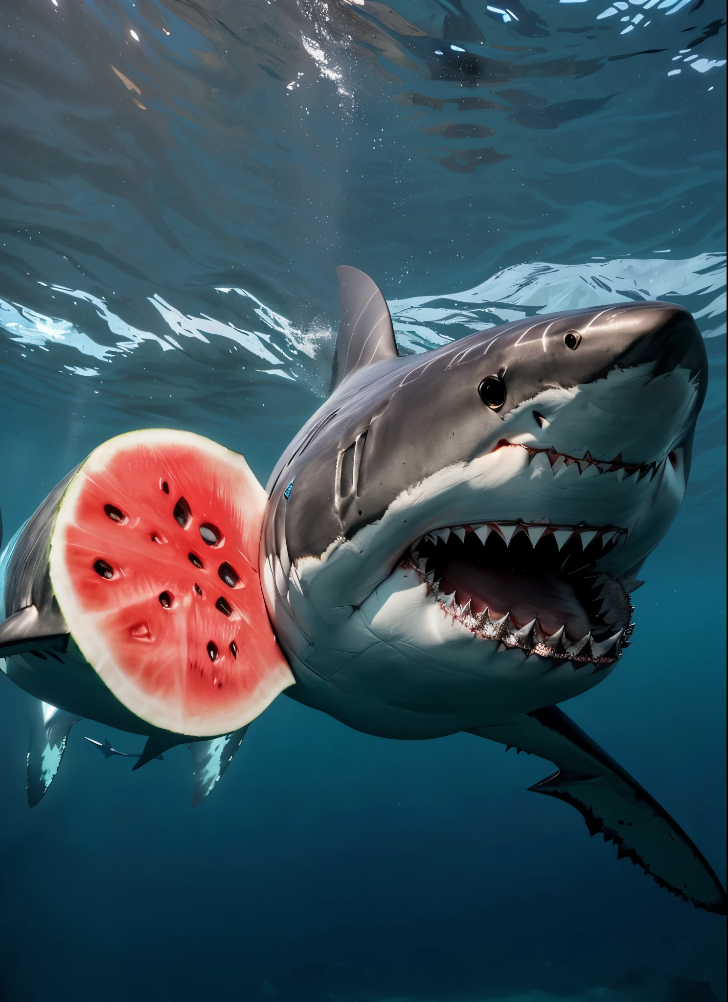 there is a shark eating a watermelon in the ocean, by Juergen von Huendeberg, by Robert Jacobsen, bryan skerry, great white shark, shark, by Emanuel Witz, national geographic photo”, megalodon, shutterstock, by Matthias Weischer, by Adam Marczyński, sharks, by Greg Rutkowski, by greg rutkowski