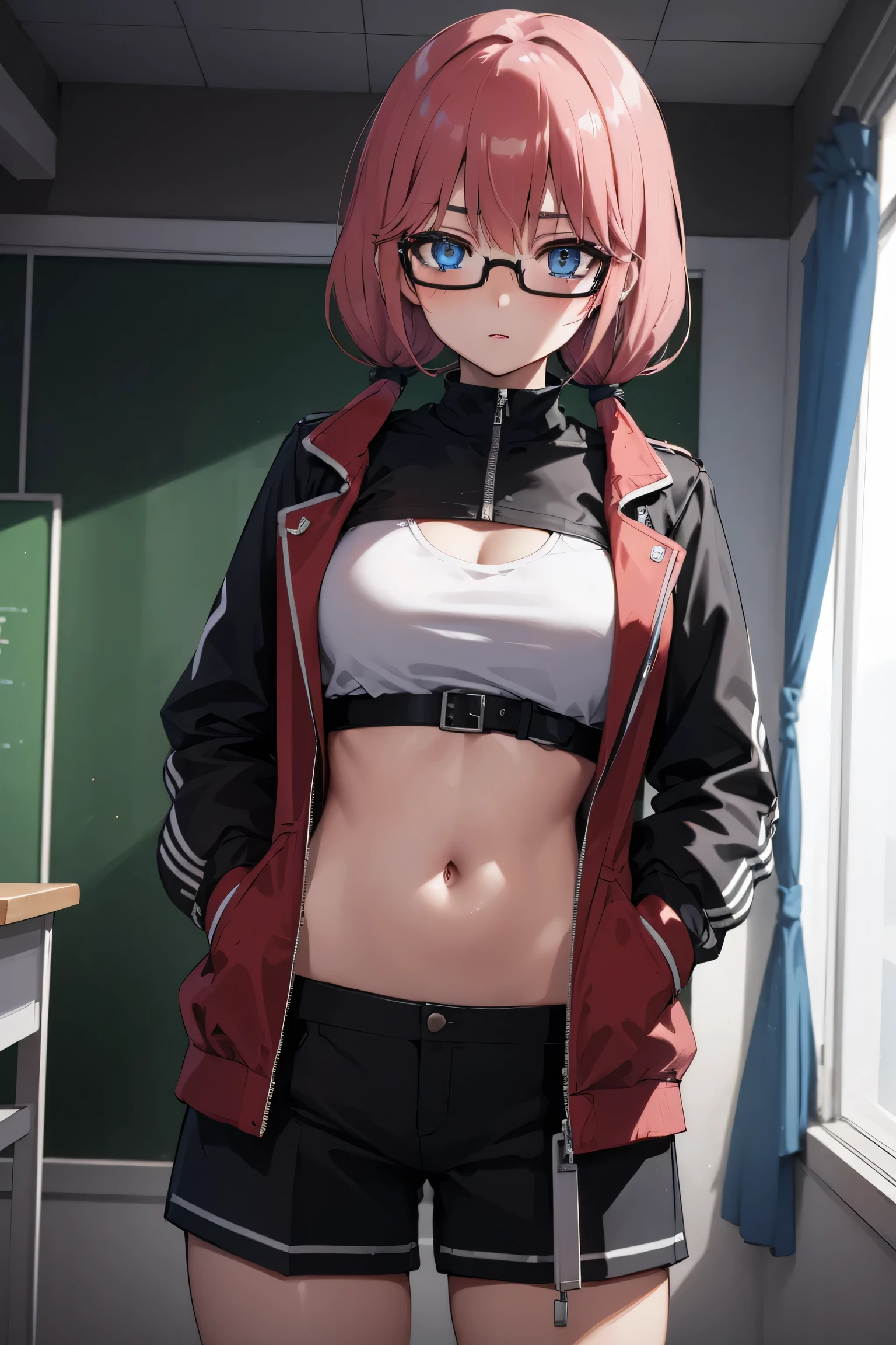 airisakura, airi sakura, blue eyes, glasses, long hair, pink hair, (low twintails:1.5),
BREAK glasses, navel, navel cutout, taut clothes,
BREAK looking at viewer, full body, (cowboy shot:1.5),hands in pockets,
BREAK indoors, classroom,
BREAK (masterpiece:1.2), best quality, high resolution, unity 8k wallpaper, (illustration:0.8), (beautiful detailed eyes:1.6), extremely detailed face, perfect lighting, extremely detailed CG, (perfect hands, perfect anatomy),