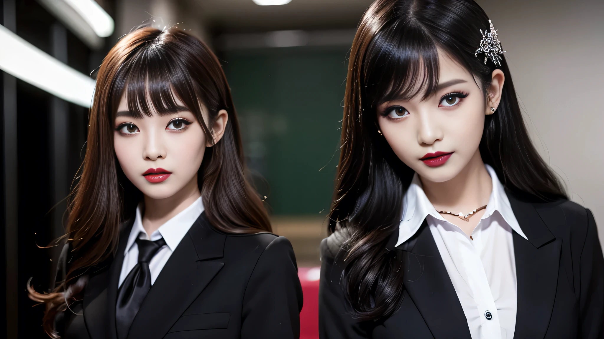 best quality、ultra-detailed、4k、Japanese、Seductive beauty、seductive adult woman、Pretty Woman、cool girl、Villainess、Brainwashed、brainwash、Fallen into evil、smirk、Evil look、Wicked Smile、evil、Brown hair、wavy hair、swept bangs、dark makeup、dark makeup、piercing eyes、hollow eyes,half-closed eyes、Hollow Eyes、purple Eyeshadow、black lipstick、black lipglos、student、uniform、Black blazer、White Shirt、Black Ribbon、flare skirt、night、inside darkroom、Have lipstick、Emblem of Evil、Crest of Darkness、Swear allegiance、I have pledged my allegiance、Dye black、Blackening、Stained with evil、Dyed in darkness、Seduce
