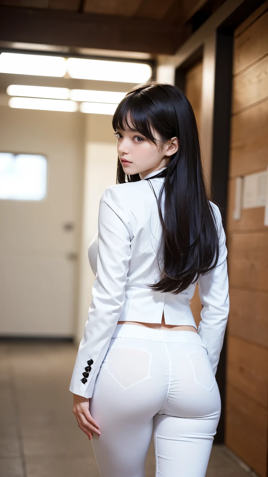 (((Backwards:2.0, Face your buttocks towards the camera:2.0, Accentuate your butt:2.0))), (((Clothing:2.0, Collared shirt:1.8, White suit pants:2.0))), (((Shadow of the shape of fullback panties:2.0))), ((Streetscape:1.5)), 1 Girl, solo, ((Short Hair:1.2, A grin:1.2)), 18-year-old, 7 heads, Ideal body proportions, Black Hair, With bangs, Small breasts, slender, Small Ass, Beautiful feet, Skinny Legs, Surrealism, Cinematic Lighting, Depth of written boundary, First Person View,  F/1.8, 135mm, Ticker, Mastepiece, Curate, ((Anatomically correct:1.3)), Textured skin, Super Detail, High detail, High quality, Awards, Best Quality, High resolution, 8K