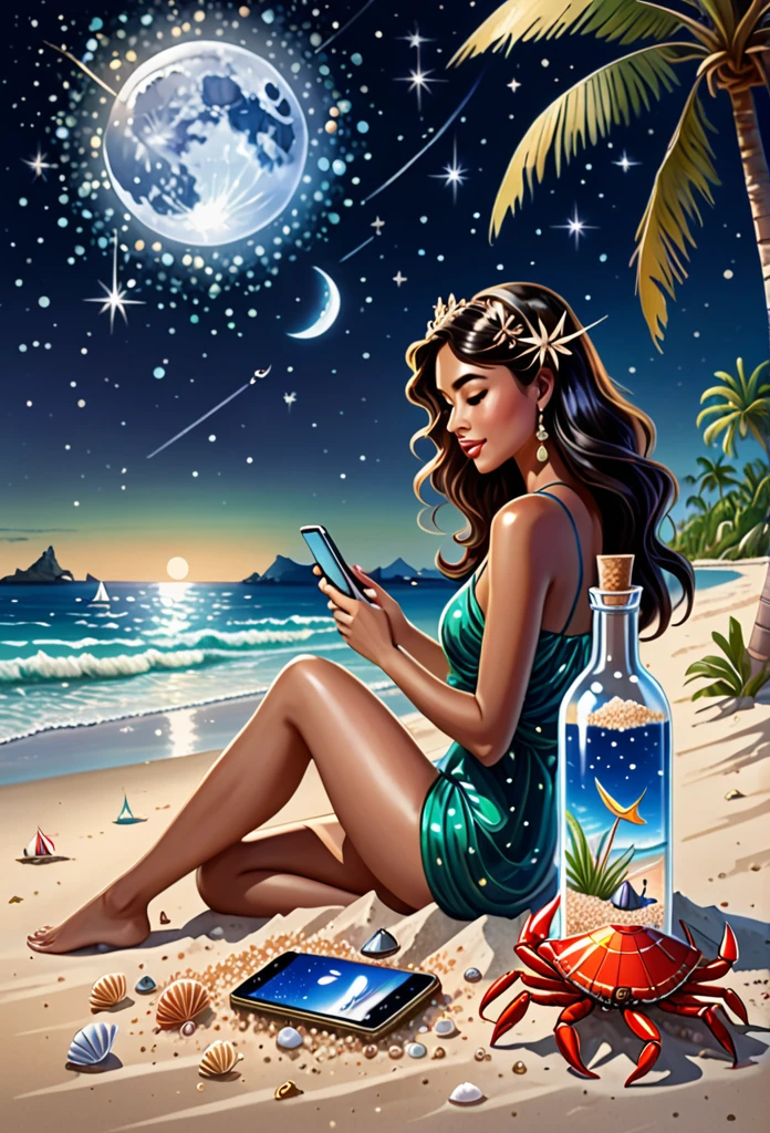 A beautiful female genie in a clear quartz bottle playing a mobile game on her phone, with the bottle on beach sand, a tropical beach landscape, a curious crab beside it, a palm tree in the background, some beach umbrellas in the distance, seashells around the bottle glowing in the moonlight, a constellation and a shooting star in the night sky, the bottle having an ancient inscription, and a shipwreck in the distant ocean, in the style of Don Lawrence's detailed and intricate oil on canvas brush stroke