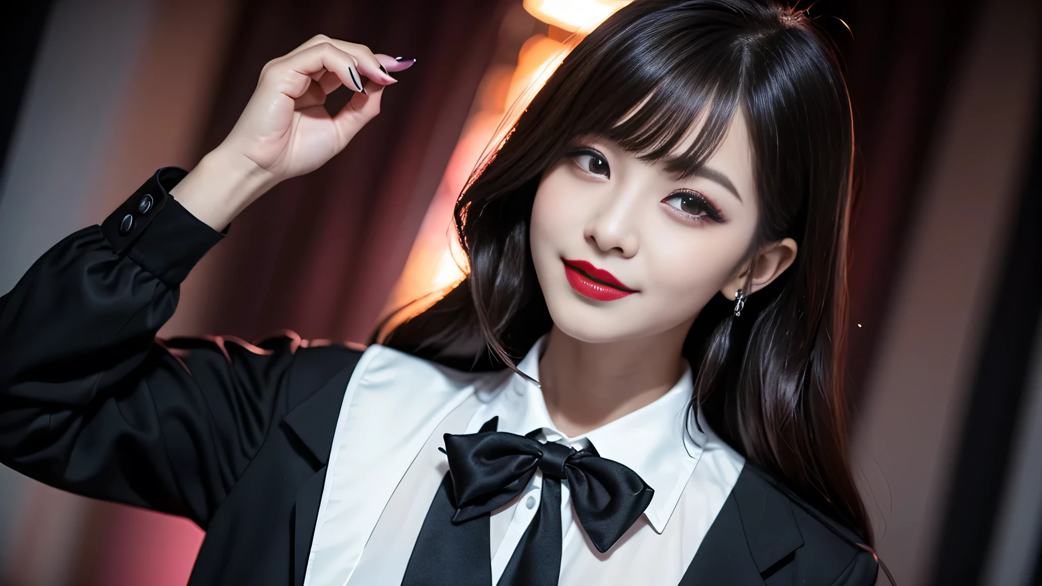 best quality、ultra-detailed、4k、Japanese、Seductive beauty、seductive adult woman、Pretty Woman、cool girl、Villainess、Brainwashed、brainwash、Fallen into evil、smirk、Evil look、Wicked Smile、evil、Brown hair、wavy hair、swept bangs、dark makeup、dark makeup、piercing eyes、hollow eyes,half-closed eyes、Hollow Eyes、purple Eyeshadow、black lipstick、black lipglos、student、uniform、Black blazer、White Shirt、Black Ribbon、flare skirt、night、inside darkroom、Have lipstick、Emblem of Evil、Crest of Darkness、Swear allegiance、I have pledged my allegiance、Dye black、Blackening、Stained with evil、Dyed in darkness、Seduce
