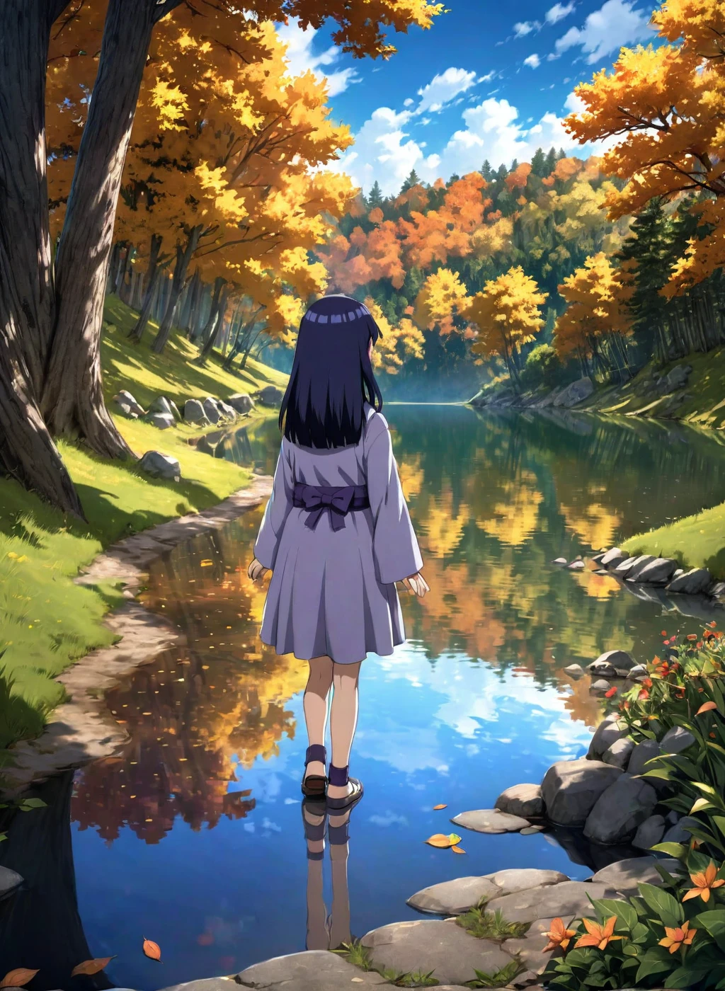  -Hinata, long hair, walk next to lake, [enchanting, surreal, studio lighting, HDR, UHD, K]