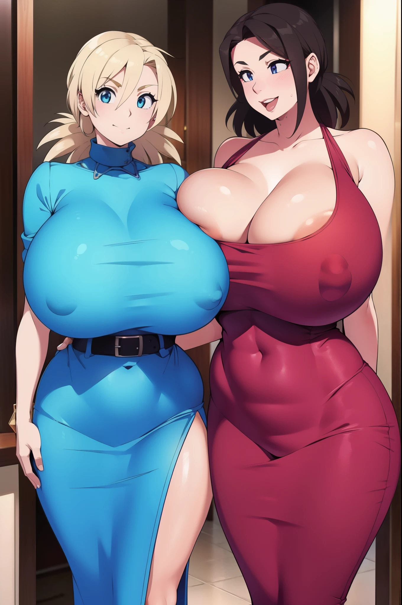 2girls, (((bimbo))), enormous fake ??????, tight dress