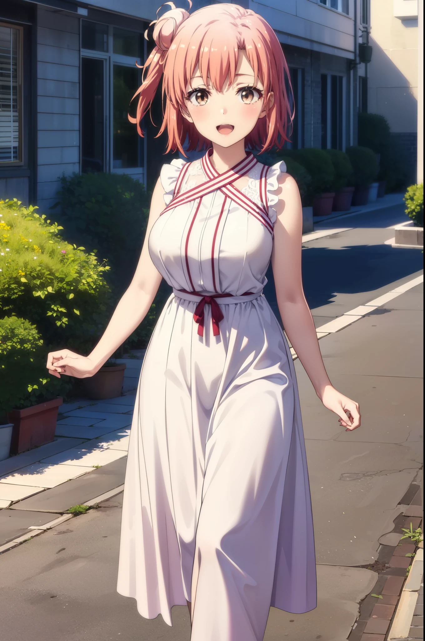 yuiyuigahama, yui yuigahama, short hair, (Brown eyes:1.5), (Pink Hair:1.2), Hair Bun, single Hair Bun, smile, (Big Breasts:1.2),happy smile, smile, Open your mouth,
, Sleeveless dress,Long skirt,Cute Sandals,walking,Real Summer,Daytime,sunny,whole bodyがイラストの中に入っていくように,
break outdoors ,In town,Building district　　　　　　　　　　　　　　　break looking at viewer, whole body,
break (masterpiece:1.2), highest quality, High resolution, unity 8k wallpaper, (shape:0.8), (Beautiful and beautiful eyes:1.6), Highly detailed face, Perfect lighting, Extremely detailed CG, (Perfect hands, Perfect Anatomy),