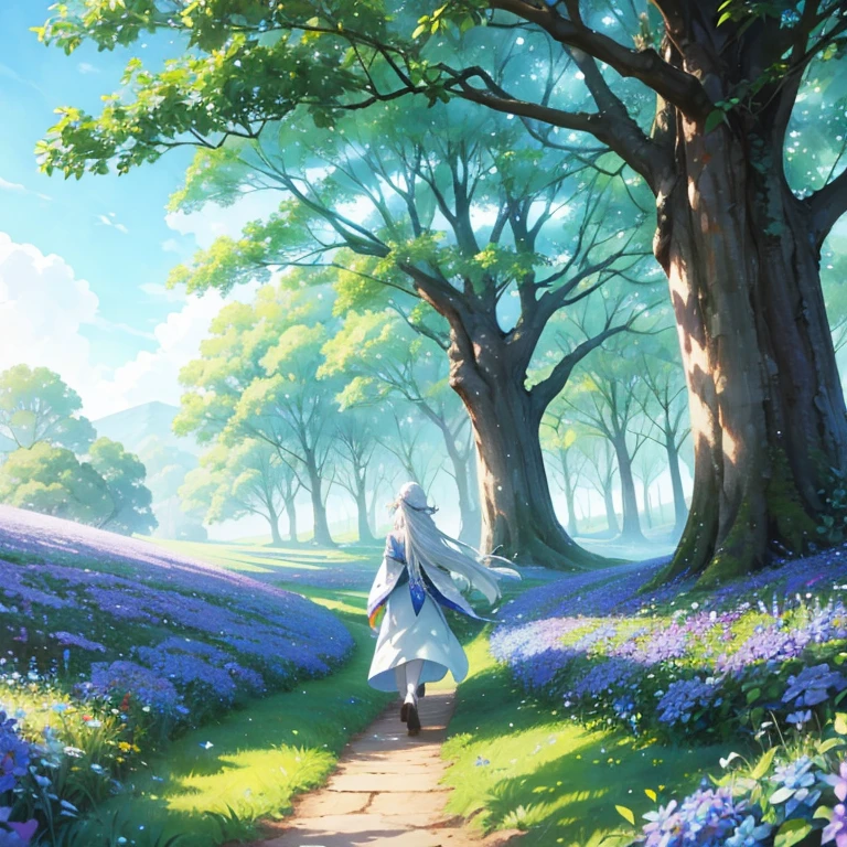 fields of blue flowers, canopy of trees, sunny day, elf girl with long white hair and white robe walking away, watercolour style
