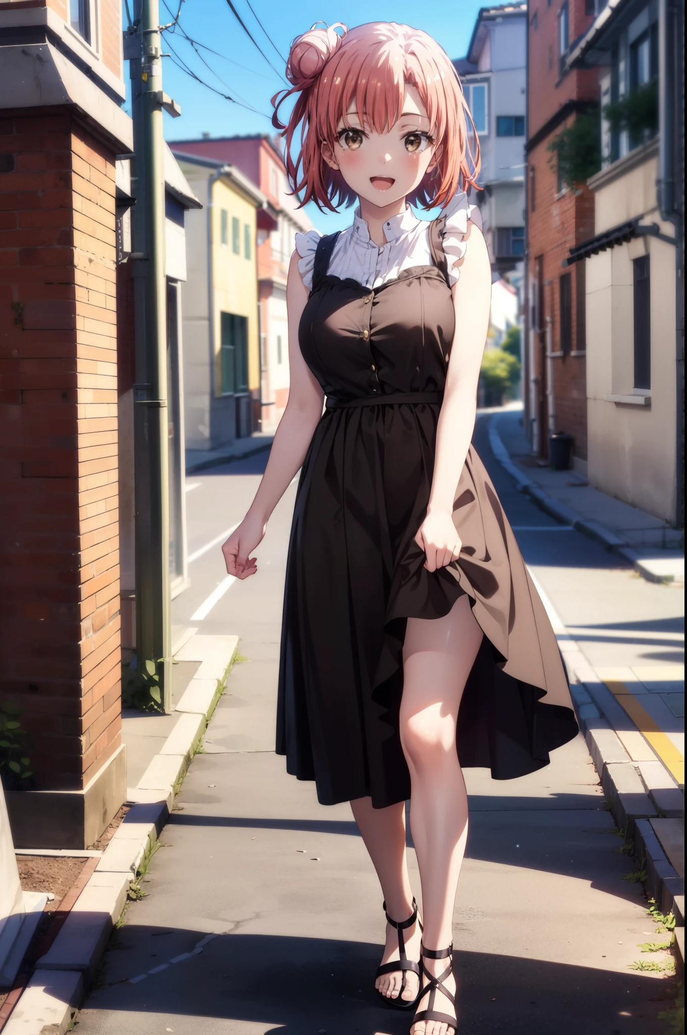 yuiyuigahama, yui yuigahama, short hair, (Brown eyes:1.5), (Pink Hair:1.2), Hair Bun, single Hair Bun, smile, (Big Breasts:1.2),happy smile, smile, Open your mouth,
, Sleeveless dress,Long skirt,Cute Sandals,walking,Real Summer,Daytime,sunny,whole bodyがイラストの中に入っていくように,
break outdoors ,In town,Building district break looking at viewer, whole body,
break (masterpiece:1.2), highest quality, High resolution, unity 8k wallpaper, (shape:0.8), (Beautiful and beautiful eyes:1.6), Highly detailed face, Perfect lighting, Extremely detailed CG, (Perfect hands, Perfect Anatomy),