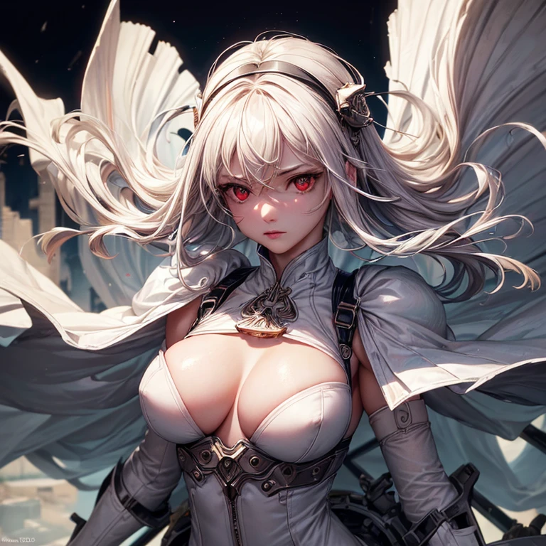 1 girl,((Ruined City)),((Red eyes)),BREAK,((White complex mechanical bodysuit)),headgear,(breasts),(mechanical,White thighhighs),(cleavage),(mechanical,elbow gloves),(mechanical,garter straps),(android),((gatling gun,Have)),(((dynamic angle))),((upper body)),(Expressionless),(wind:1.8),((fighting)),((walk)),(diffraction of light:1.2),(tyndall effect:1.2),(pale red lip:0.8),(fuller lips:1.3),(beeline:1.4),(sense of depth:1.4),(highest quality:1.2),(32K:1.2),(HDR1.2),(Ultra-high resolution:1.2),(RAW:1.2),(masterpiece:1.2),(Intricate details:1.3),(Delicate and beautiful details:1.3),(Detailed eyes:1.1),(Detailed facial features:1.1),(glossy lips:1.1),(madeon:1.3),(perfect anatomy:1.3),(best illuminate:1.3),(cinematic shadows:1.3),(absolutely resolution:1.2),(incredibly absurdres:1.2),(highres:1.2),(refraction:1.2),(ultra detailed:1.2),
