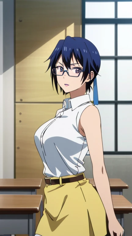 (Top Quality, 8K, Hi-Res, Masterpiece: 1.2), Super Detail, Anime Art Style, Anime Coloring Book, Solo, 1 Girl, Seishiro Tsgumi, White Shirt, Both Shoulders Exposed, Tight Skirt, Glasses, Natural Lips, Classroom , medium big breasts, solo, stylish pose, stylish angle, staring at the audience from the center of the screen, cowboy shot