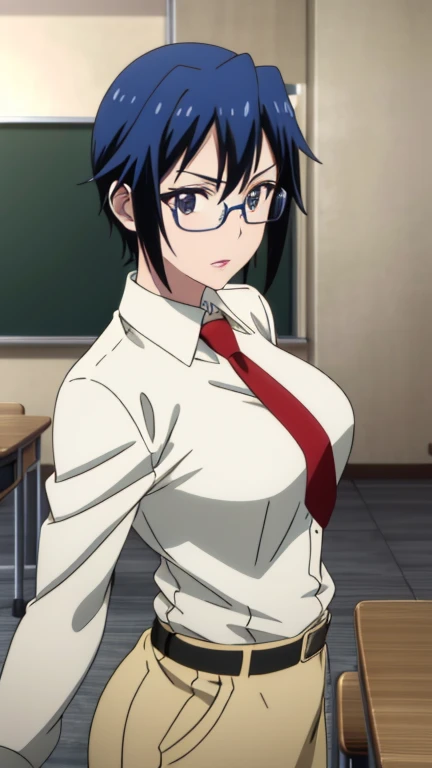 (Top Quality, 8K, Hi-Res, Masterpiece: 1.2), Super Detail, Anime Art Style, Anime Coloring Book, Solo, 1 Girl, Seishiro Tsgumi, White Shirt, Both Shoulders Exposed, Tight Skirt, Glasses, Natural Lips, Classroom , medium big breasts, solo, stylish pose, stylish angle, staring at the audience from the center of the screen, cowboy shot