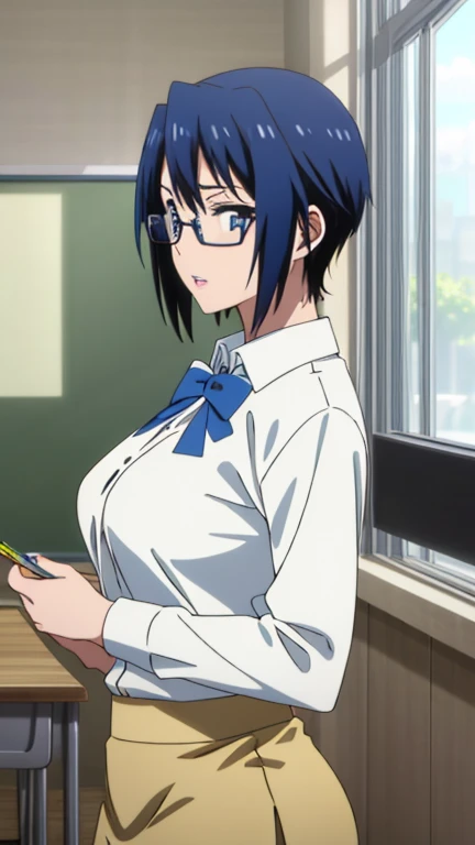 (Top Quality, 8K, Hi-Res, Masterpiece: 1.2), Super Detail, Anime Art Style, Anime Coloring Book, Solo, 1 Girl, Seishiro Tsgumi, White Shirt, Both Shoulders Exposed, Tight Skirt, Glasses, Natural Lips, Classroom , medium big breasts, solo, stylish pose, stylish angle, staring at the audience from the center of the screen, cowboy shot