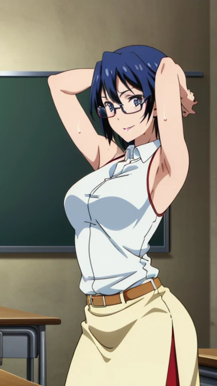 (Top Quality, 8K, Hi-Res, Masterpiece: 1.2), Super Detail, Anime Art Style, Anime Coloring Book, Solo, 1 Girl, Seishiro Tsgumi, White Shirt, Both Shoulders Exposed, Tight Skirt, Glasses, Natural Lips, Classroom , medium big breasts, solo, stylish pose, stylish angle, staring at the audience from the center of the screen, cowboy shot, seductive smile,put your hands behind your head, armpits, armpits visible, sweaty armpits, short hair, blue hair