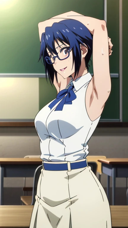 (Top Quality, 8K, Hi-Res, Masterpiece: 1.2), Super Detail, Anime Art Style, Anime Coloring Book, Solo, 1 Girl, Seishiro Tsgumi, White Shirt, Both Shoulders Exposed, Tight Skirt, Glasses, Natural Lips, Classroom , medium big breasts, solo, stylish pose, stylish angle, staring at the audience from the center of the screen, cowboy shot,  seductive smile,put your hands behind your head, armpits, armpits visible, sweaty armpits, short hair, blue hair