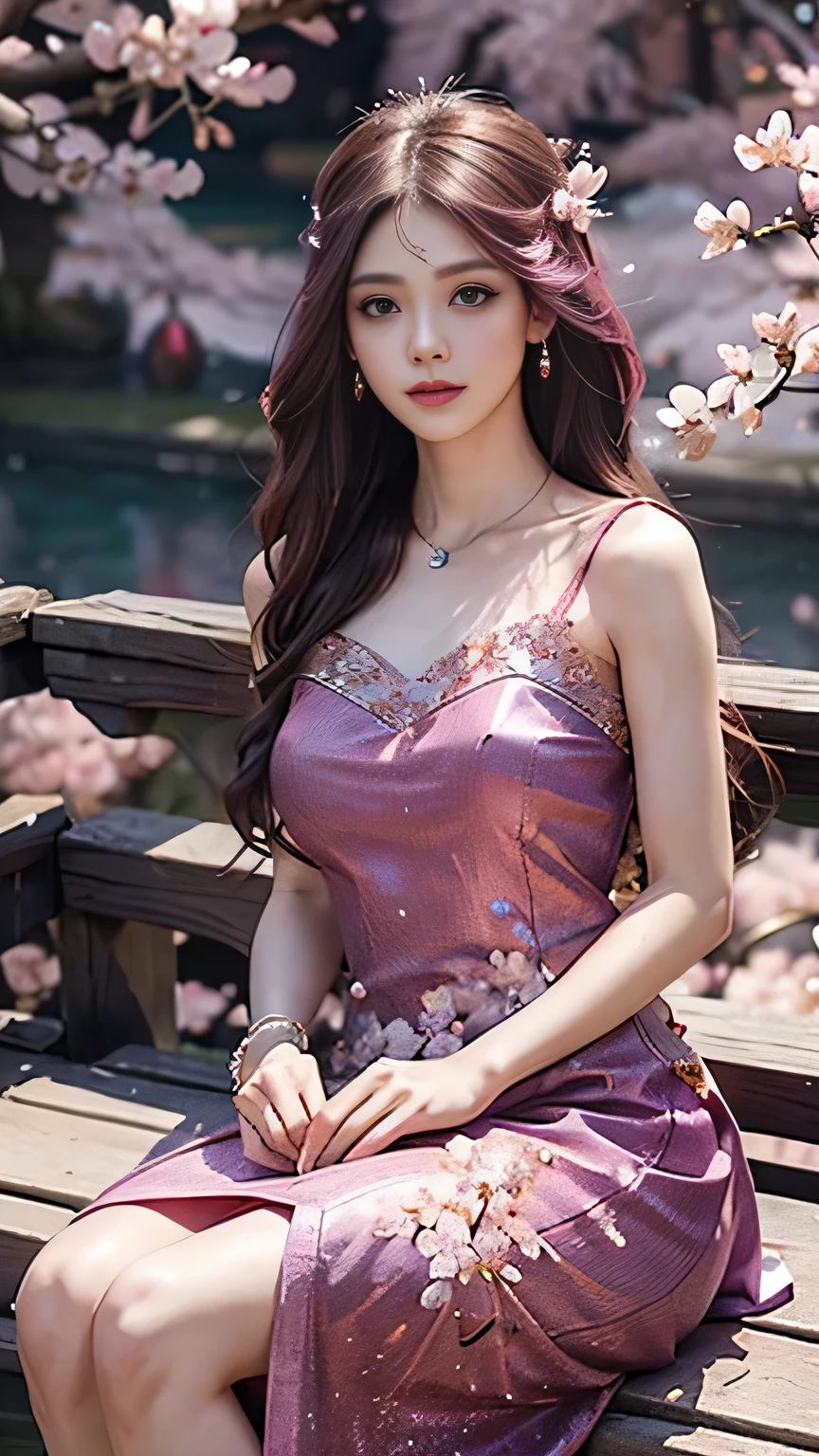 4K, Ultra HD, Masterpiece, 1 girl, (innocent face:1.4), detailed eyes, red lips, very long hair, princess dress, (magenta dress:1.5), ((loops:1.4)), (jwellery:1.5), (cherry blossom:1.5), (bloom effect:1.5), Detailed Fantasy Art, Stunning Character Art, beautiful Exquisite Character Art, Beautiful, Extremely Detailed, Exquisite Intricate Headdress and Jewellery, perfect body, sitting and looking directly at the audience, upper thigh body,