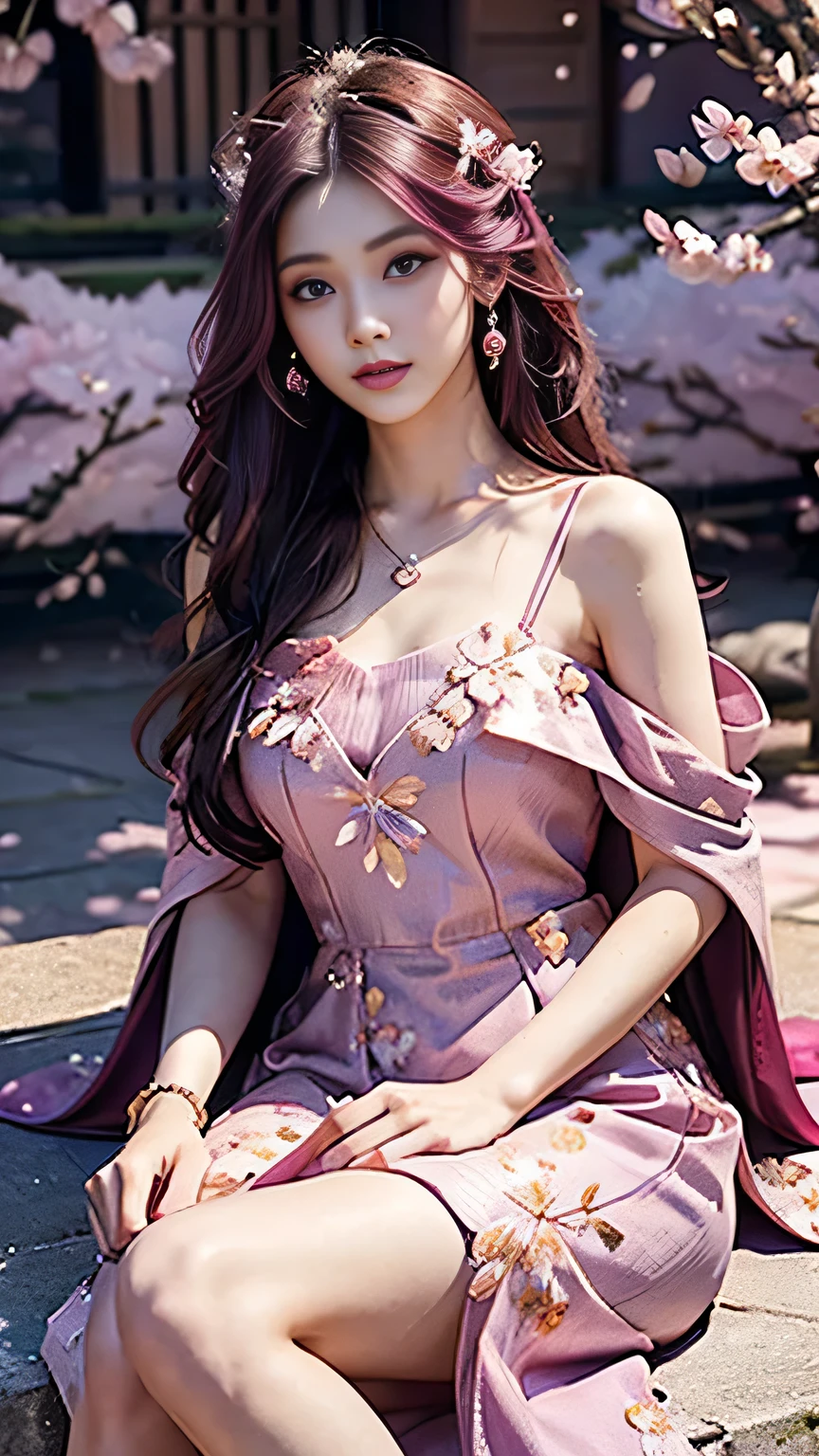 4K, Ultra HD, Masterpiece, 1 girl, (innocent face:1.4), detailed eyes, red lips, very long hair, princess dress, (magenta dress:1.5), ((loops:1.4)), (jwellery:1.5), (cherry blossom:1.5), (bloom effect:1.5), Detailed Fantasy Art, Stunning Character Art, beautiful Exquisite Character Art, Beautiful, Extremely Detailed, Exquisite Intricate Headdress and Jewellery, perfect body, sitting and looking directly at the audience, upper thigh body,