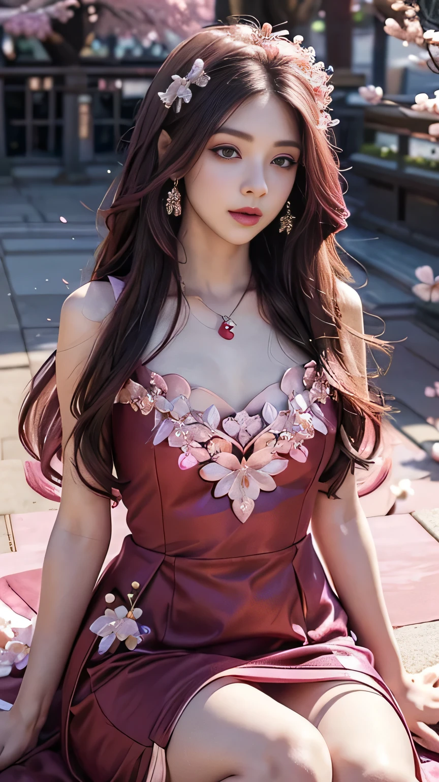 4K, Ultra HD, Masterpiece, 1 girl, (innocent face:1.4), detailed eyes, red lips, very long hair, princess dress, (magenta dress:1.5), ((loops:1.4)), (jwellery:1.5), (cherry blossom:1.5), (bloom effect:1.5), Detailed Fantasy Art, Stunning Character Art, beautiful Exquisite Character Art, Beautiful, Extremely Detailed, Exquisite Intricate Headdress and Jewellery, perfect body, sitting and looking directly at the audience, upper thigh body,