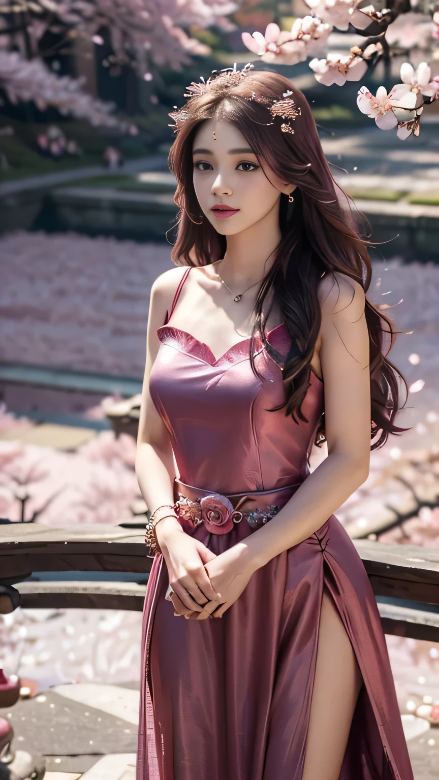 4K, Ultra HD, Masterpiece, 1 girl, (innocent face:1.4), detailed eyes, red lips, very long hair, princess dress, (magenta dress:1.5), ((loops:1.4)), (jwellery:1.5), (cherry blossom:1.5), (bloom effect:1.5), Detailed Fantasy Art, Stunning Character Art, beautiful Exquisite Character Art, Beautiful, Extremely Detailed, Exquisite Intricate Headdress and Jewellery, perfect body, siot and looking directly at the audience, upper thigh body,