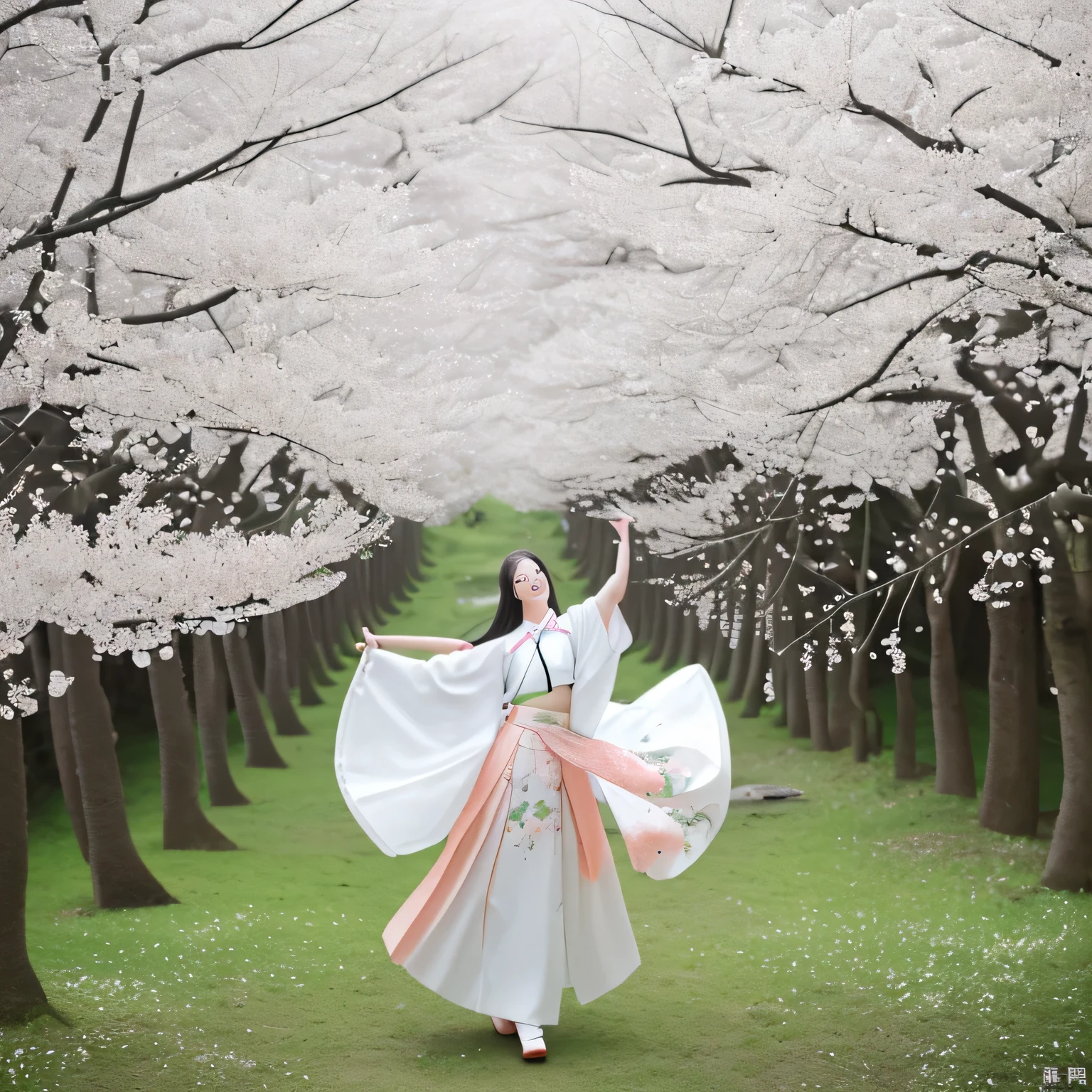 Girl dancing in the peach blossom forest,Photographed with a Canon 5D Mark IV camera。She is wearing white Hanfu,Spinning among the flowers,The skirt flutters with her movements。Her expression showed joy.。The camera's high resolution captured vivid details of her graceful movements and the brilliant flowers around her.,The characters and scenery are all in black and white,Only the flowers are red