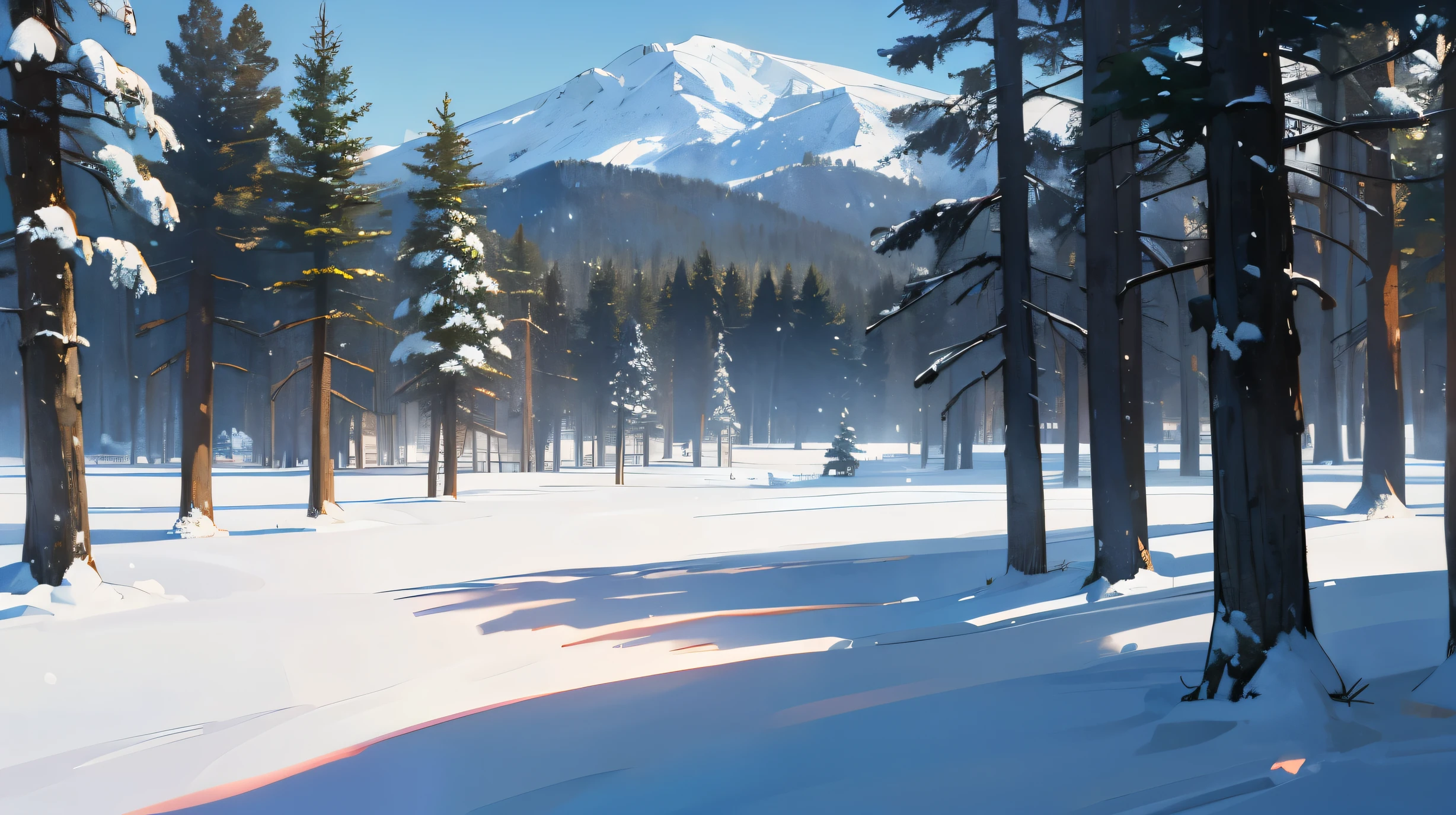 (Landscape winter season, snow, background, withe snow 1.9), (3 pines, just 3 threes 1.5)