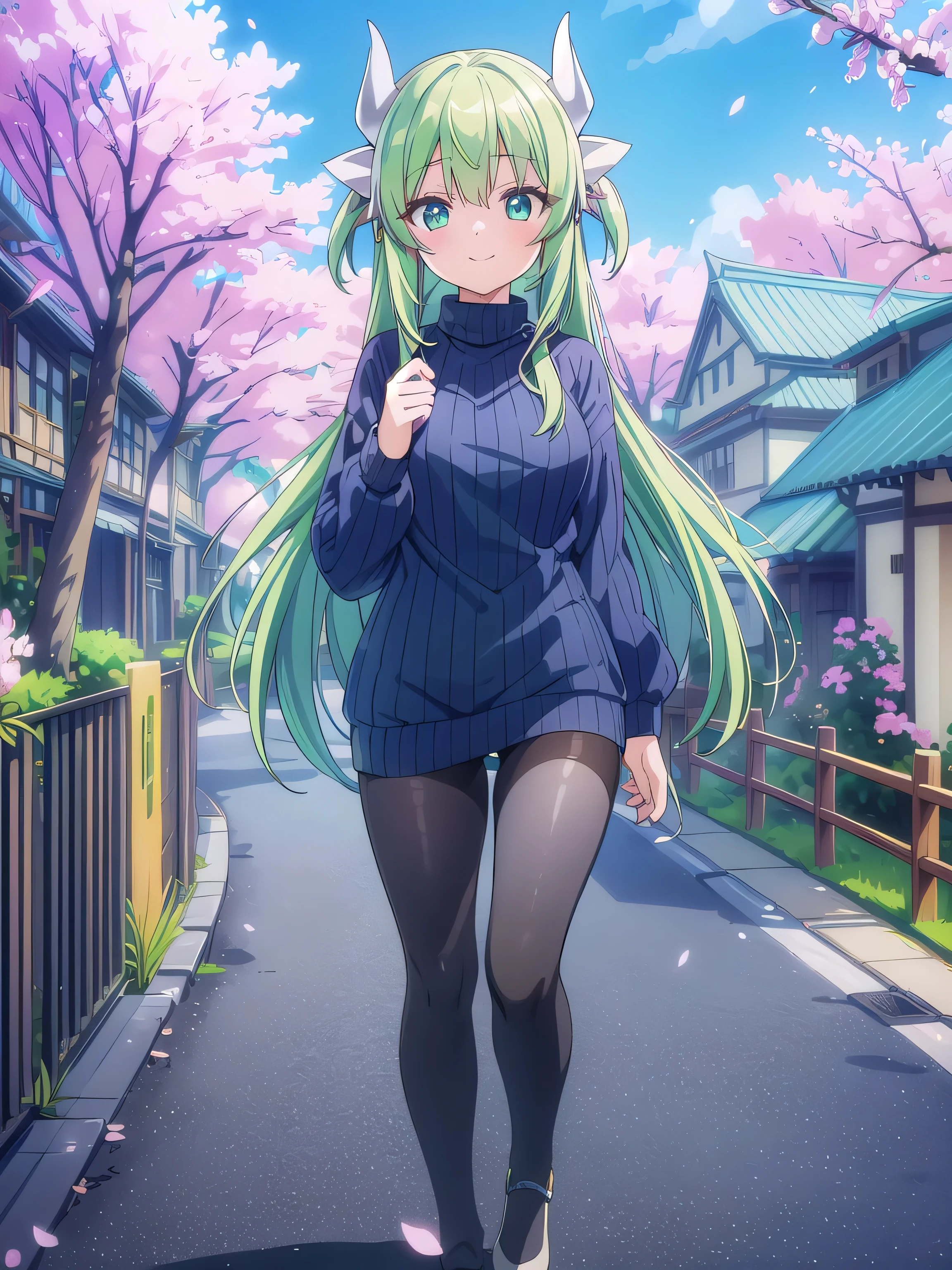 Kiyohime、 Green Hair、 ((Full body))、 (highest quality、4K、High resolution、masterpiece:1.2)、Super detailed、HDR、Studio Lighting、Sharp Focus、Bright colors、Portrait、Bokeh、Warm tones、Soft Lighting、 Character line emphasis、 (Light navy blue sweater)、 walking、(Background cherry blossom road)、 smile、