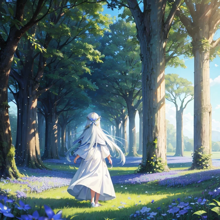 fields of blue flowers, canopy of trees, sunny day, elf girl with long white hair and white robe looking away not showing face