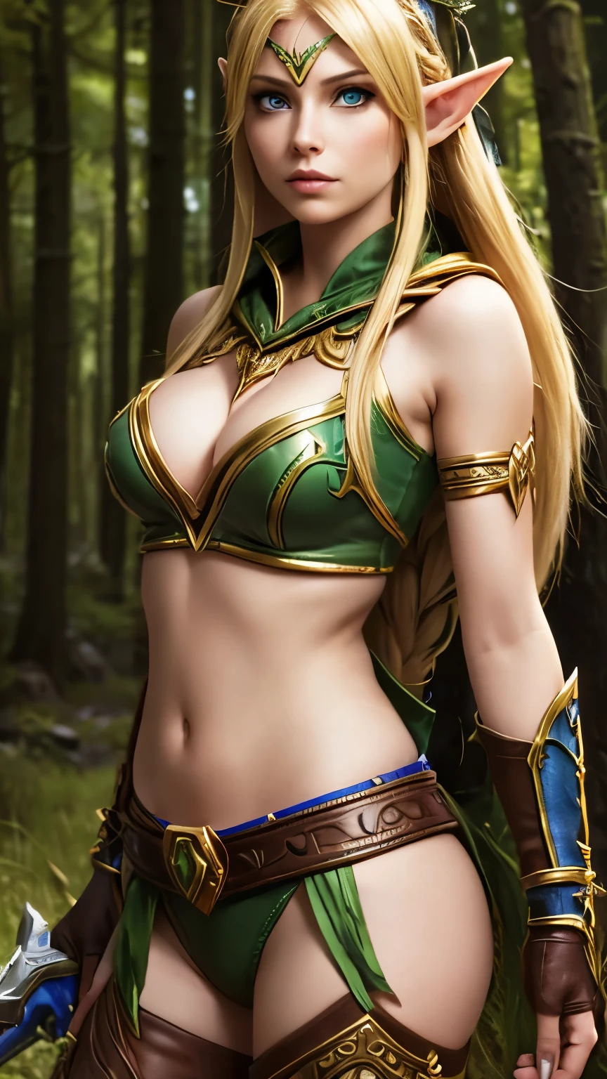 (Highly quality, highly resolutions, highly detailed, masterpiece), WoWAlleria, Forest background, alleria /(warcraft/) Alleria Windrunner from warcraft, solo, beautiful elf woman, blond hair, single braid, glowing blue eyes, leather and plate armor, leather laced pants, leather gloves boots and belts, single shoulder pad, hood, facial mark tattoo, elf ears, ring ear piercing, navel