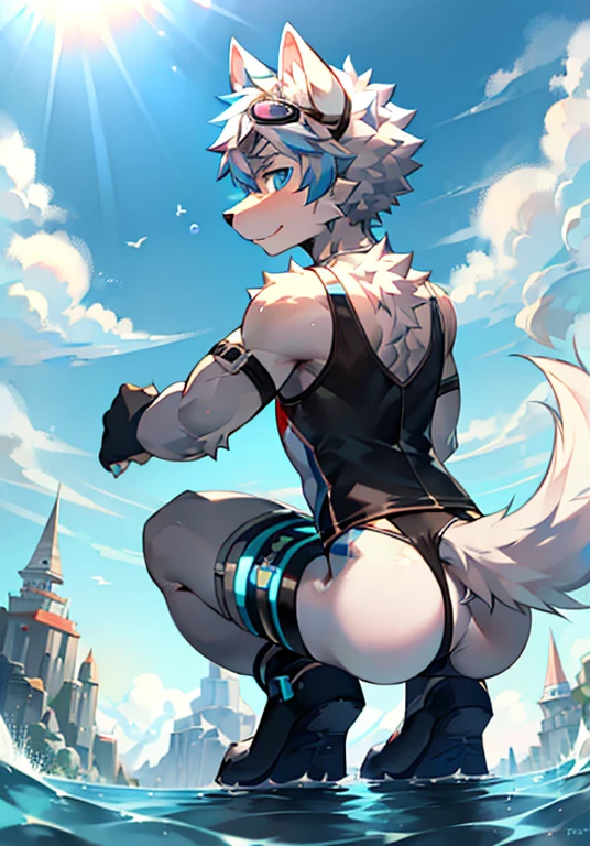 Furry，Wolf boy，White fur，crystal blue eyes，Single fluffy tail，greyt hair，short detailed hair，summer day，dive，Wear diving goggles，masculine features，back，Squat，asshole