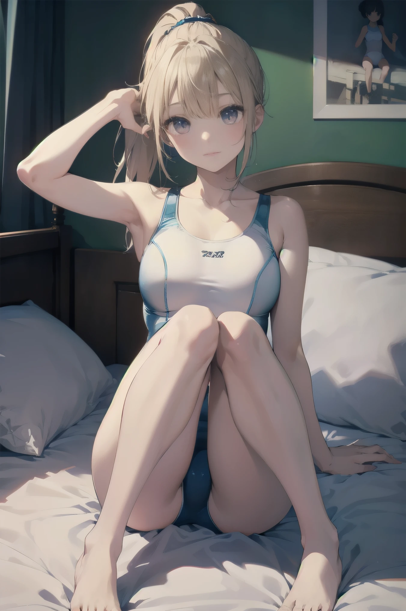 high quality、最high quality、Complete limbs、Ultra-high resolution、Full Finger、Slender beauty、All white school swimsuit、ponytail、Holding my knees、On the bed