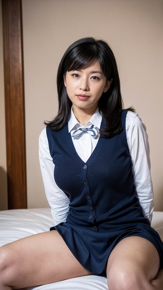 (((8k、High resolution、highest quality、High resolution)))alone、Natural body shape、White skin、Natural Makeup、((Black Hair、bangs、Straight Long Hair))、(High 、Light blue sleeveless cardigan、white collared long sleeve blouse、Navy blue pleated skirt、Blue school ribbon)、、(Big Breasts:1.3)、((The upper body is wearing a uniform))、(((((Looking at the camera)))))、(((Head to shin portrait)))、(((Exposing your thighs)))、Bedroom、On the bed、Sit with your legs apart、((Focus on the crotch))、White socks
