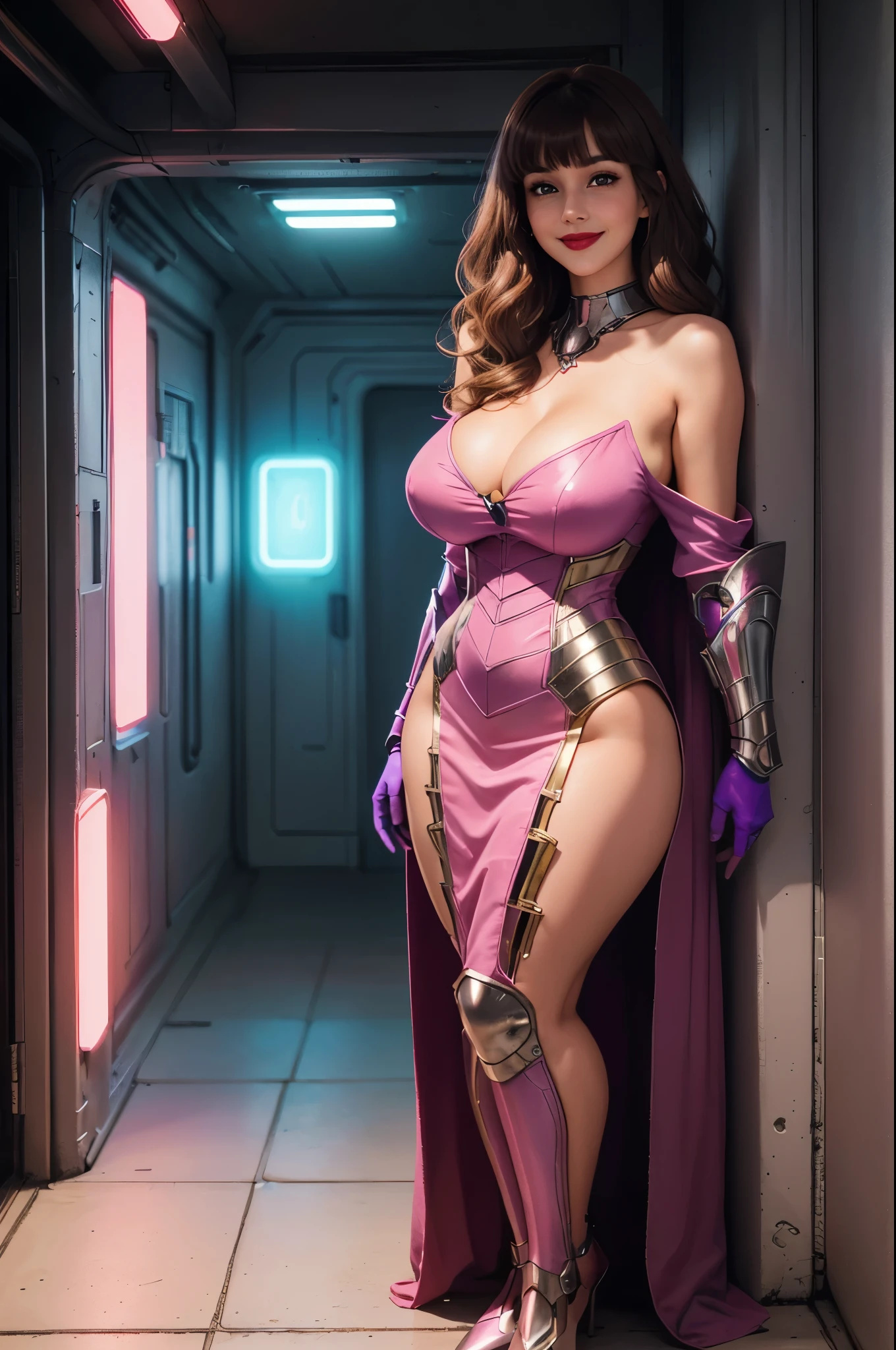 DisneyAurora 35 years old, full body shot, Beautiful woman (((shoulder length wavy light brown hair))) (bangs:1.2) (light blue and pink cyberpunk style futuristic armor) (purple eyes) defined body, Red lipstick, smiling, hands free, standing, (huge_breasts:1.2) , space station, daytime (curvy:1.2)