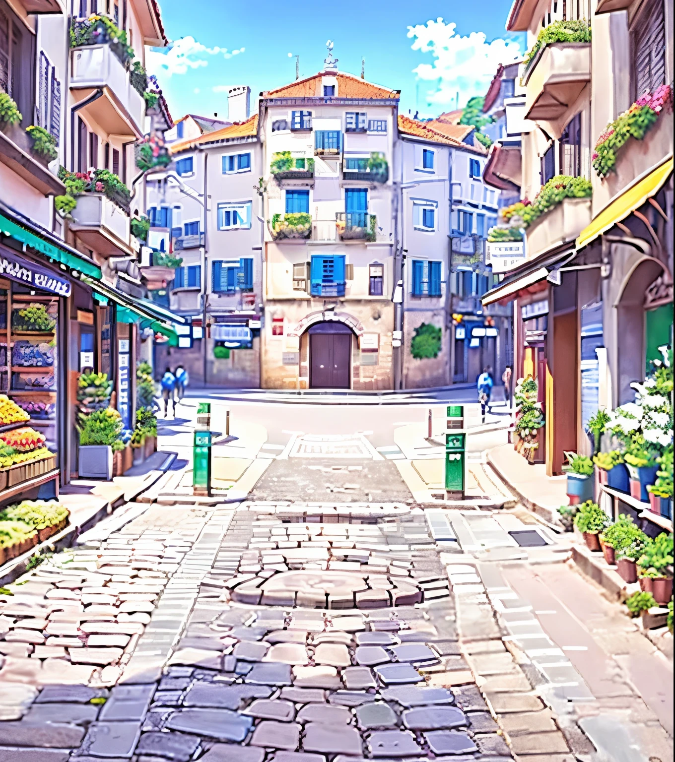 anime - style scene of a street with a cobblestone road and a building, fundo do centro da cidade, fundo de anime art, Renaissance background of the port city, fundo da cidade, paisagem urbana estilo anime, fundo de anime, streets of the ancient city behind her, paisagem urbana de anime hd, fundo de filme de anime, fundo de rua, anime scenery concept art, colorful fundo de filme de anime, a bustling magical city, cidade antiga, cidade renacentista, flores, frutas, castelo renascentistas, art 4K, DESENHO DETALHADO, ART 8K, lojas, floricultura, flores, mercado, frutas, french castle, rua de pedras, muitas flores, cidade colorida