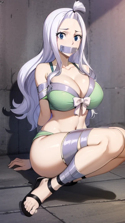 Mirajane, natural lighting, masterpiece, highly detailed, illustration, game CG, absurdres, high quality, aichan, large breasts, beautiful detailed eyes, short, (tape gag), (tape bound), (arms bound), (legs bound:1.2), eyes wide, shocked, surprised, collarbone, sitting, (knees bent), mirajane has a huge ass, Mirajane is bikini, mirajane has huge tits 