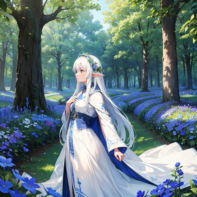 fields of blue flowers, canopy of trees, sunny day, elf girl with long white hair and white robe close by but looking away not showing face