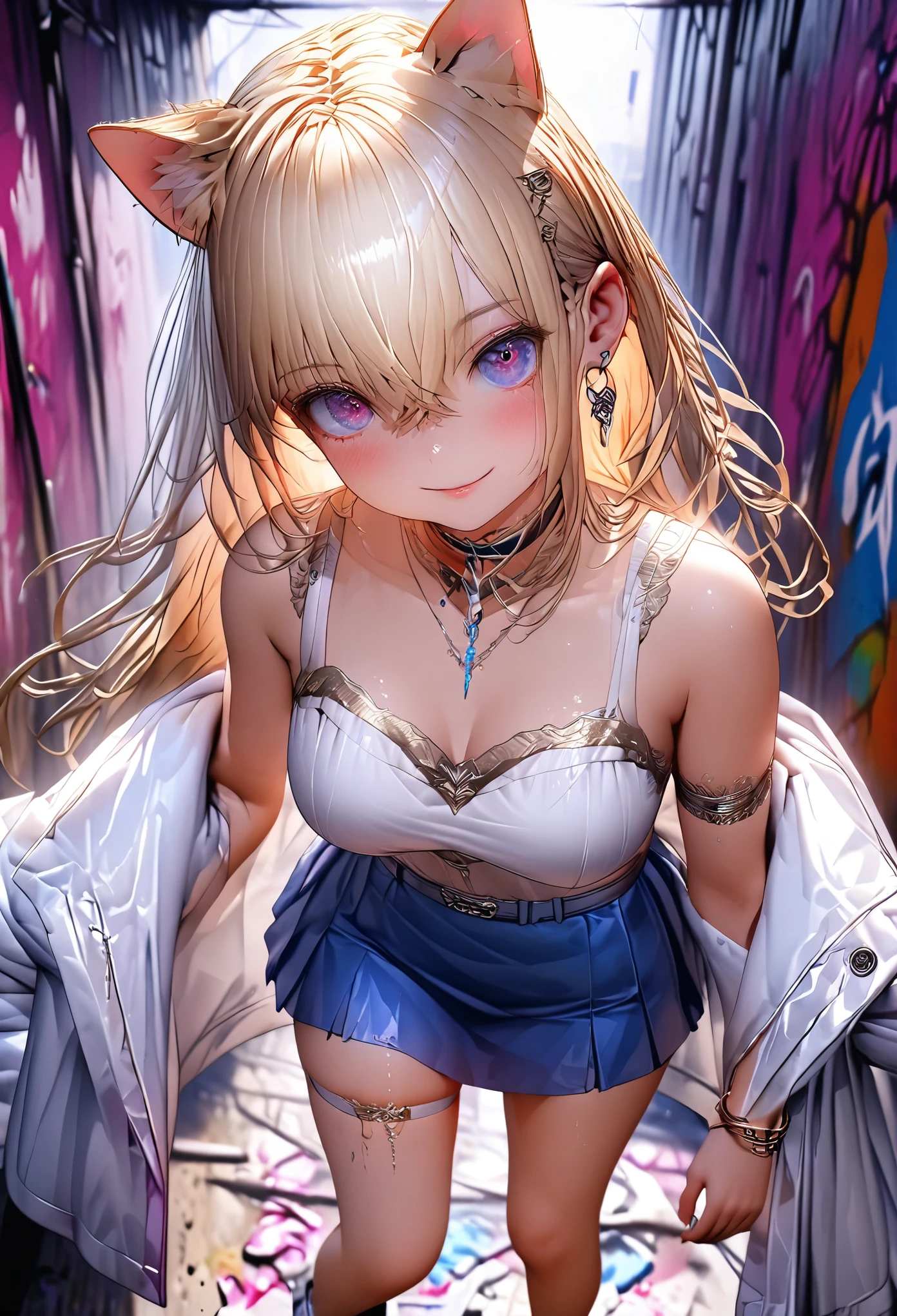 (8k、masterpiece、highest quality、Highest Level、Best image quality、Pieces fly、Intricate details、High resolution、Depth Field、Natural light、Professional Lighting)、(A girly girl)、alone、(cute:1.2)、Very beautiful 20 year old manga girl、(Skin with attention to detail: 1.2)、Photorealistic Anime Girl Rendering、Realistic anime 3D style、Beautiful bright purple long hair、強烈なRed eyes、Strong eye highlights、Very large breasts、Perfect Anatomy、((Cat ear、White jacket、Wearing white lingerie、blue denim mini skirt))、Decorative choker、Metal Accessories、Put your hands behind your back、Beautiful long hair、Crossed bangs、Asymmetrical bangs、Bobcut、Stick out your ears、eyelash、Red eyes、A very mysterious smile、Charm、(Sophisticated headphones)、A body made shiny with oil、Mini skirt with lace embellishment、(graffiti:1.3)、Place your hands behind your back、Against the wall、When I look through the viewfinder、bracelet、Thigh straps、Tilt your head、Blonde、Iris Blue Eyes、(A body made shiny with oil)、Complex clothing、Intricate details、Angle from the feet、Angle from below、Angle looking up from below、