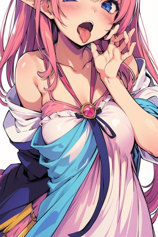 masterpiece,Best Quality,anime,Face close-up, Blowjobgesture,Blowjob_gesture,1 Girl,blush,Open_moutsideh,tongue_outside,Huge 、Beautiful illustrations, highest quality, Young Elf Princess、clavicle、naked、Nipples、tiara、necklace、