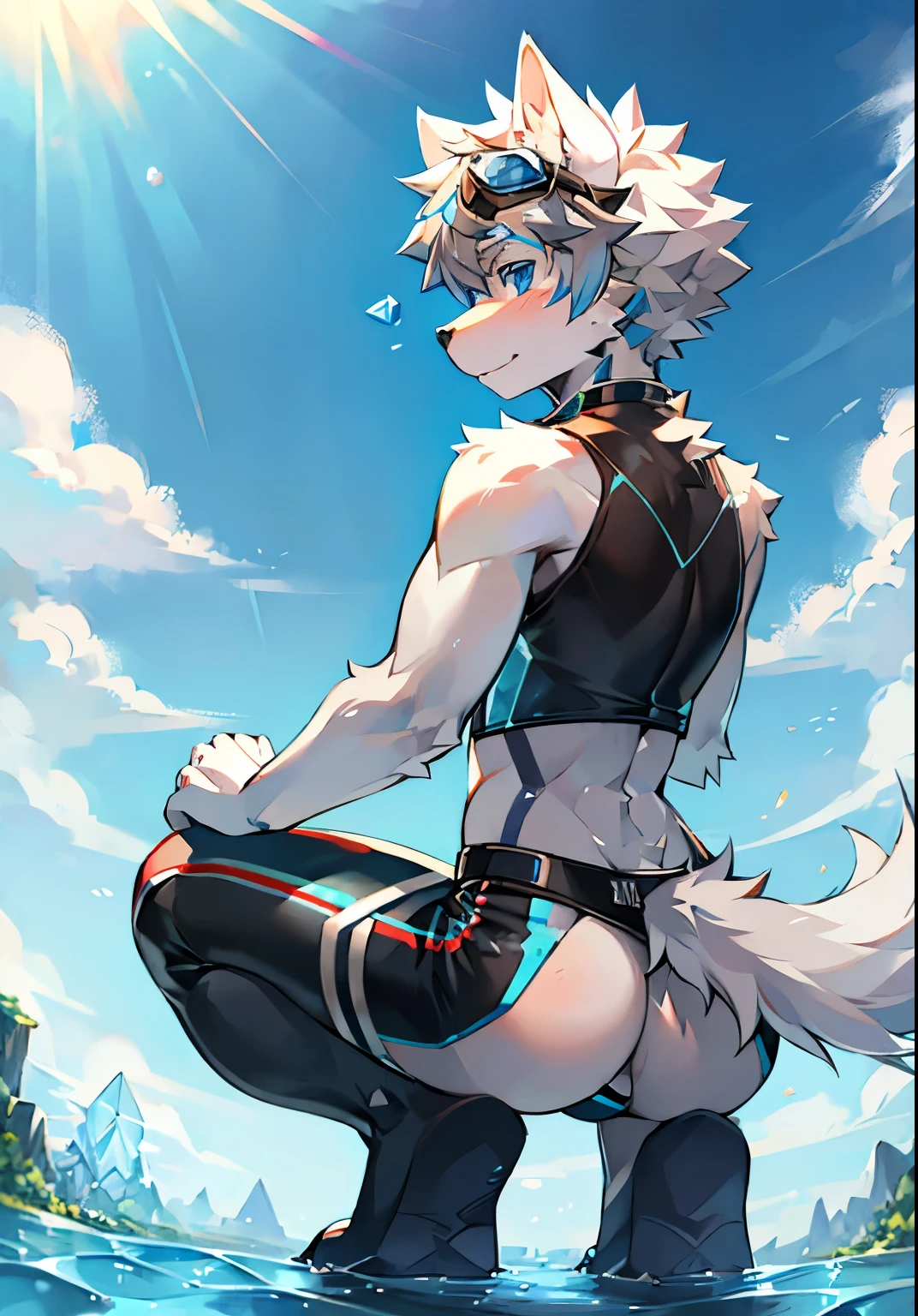 Furry，Wolf boy，White fur，crystal blue eyes，Single fluffy tail，greyt hair，short detailed hair，summer day，dive，Wear diving goggles，masculine features，back，Squat，asshole