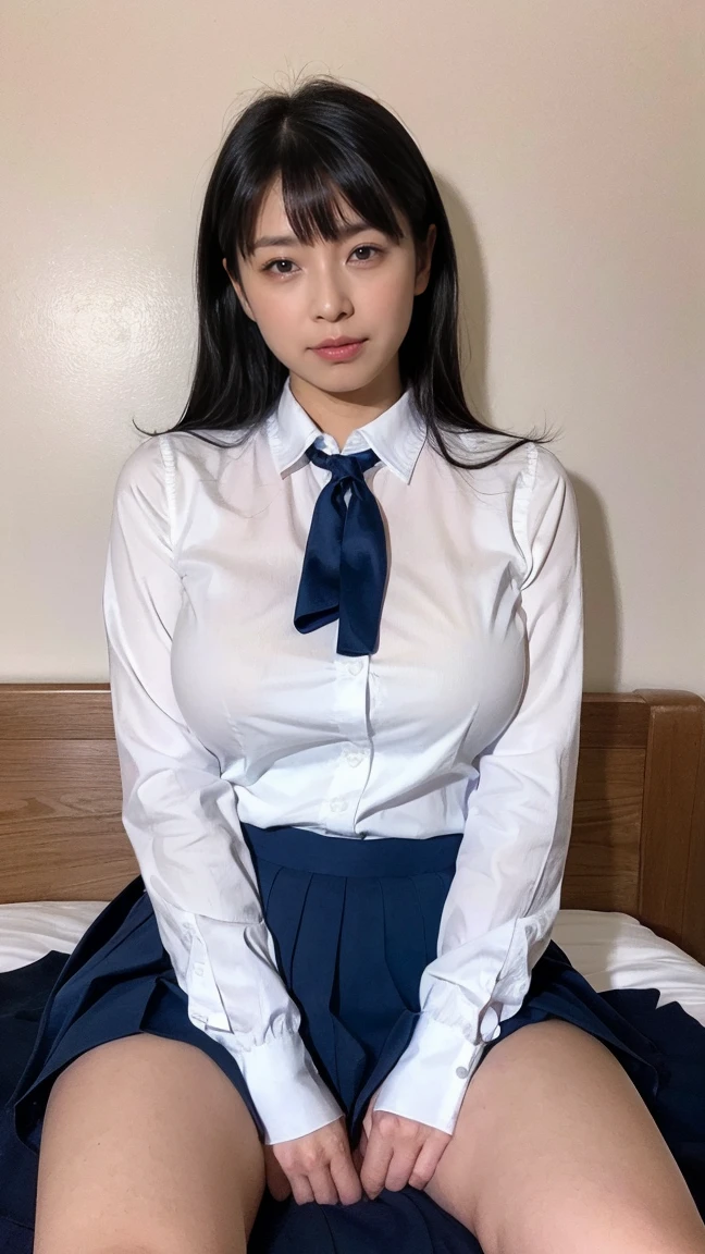 (((8k、High resolution、highest quality、High resolution)))alone、Natural body shape、White skin、Natural Makeup、((Black Hair、bangs、Straight Long Hair))、((()))、、(Big Breasts:1.4)、(())、(((((Looking at the camera)))))、((()))、(((Wearing a uniform on the upper body)))、Bedroom、、((High School Uniform)) 、((Beige cardigan、white collared long sleeve blouse))、((Red Plaid Pleated Skirt))、(red school ribbon)、Thighs exposed、